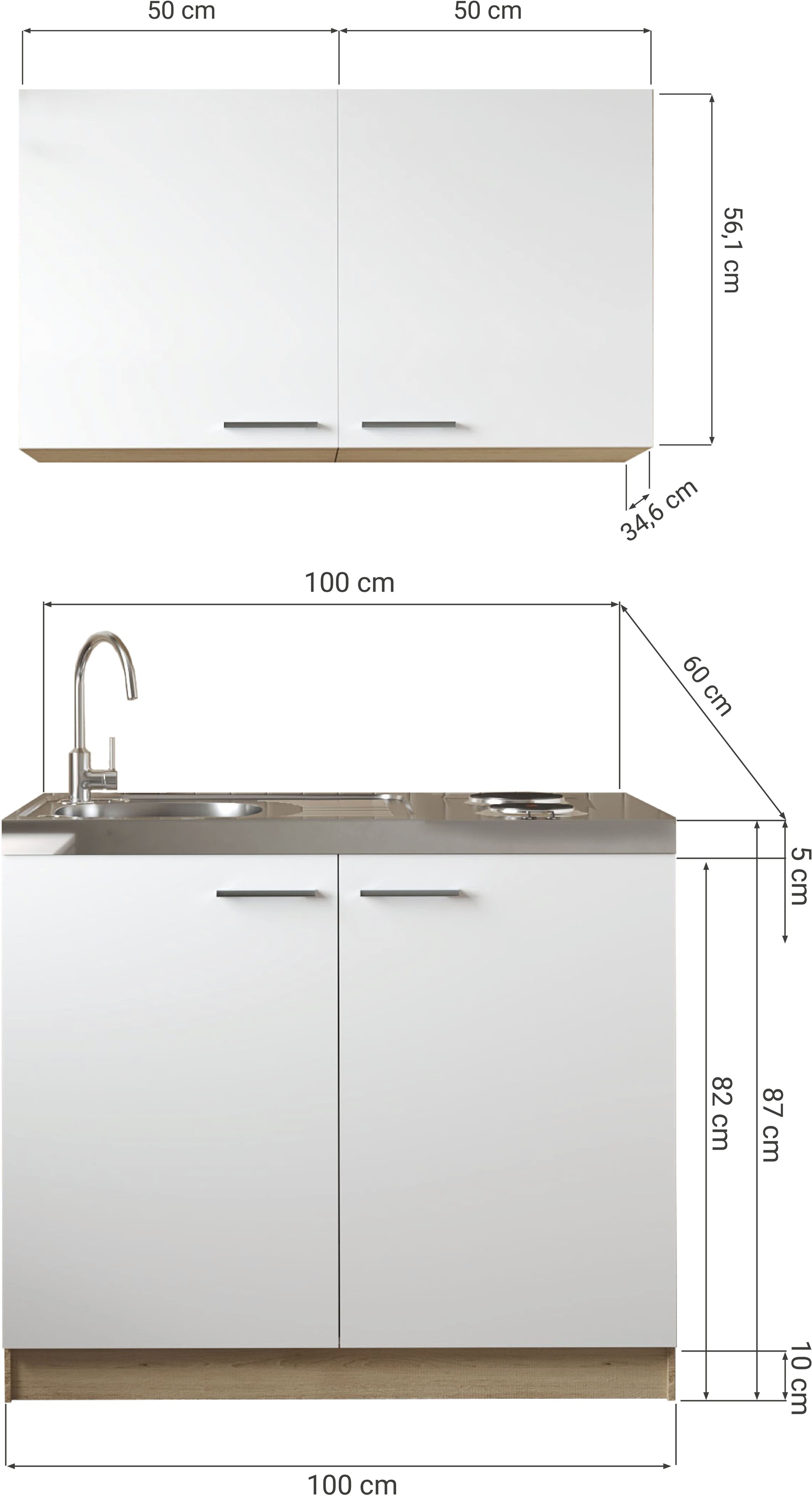 RESPEKTA Pantryküche »Merle« Breite 100 cm, Soft-Close, Spülenabdeckung mit Edelstahlkochmulde