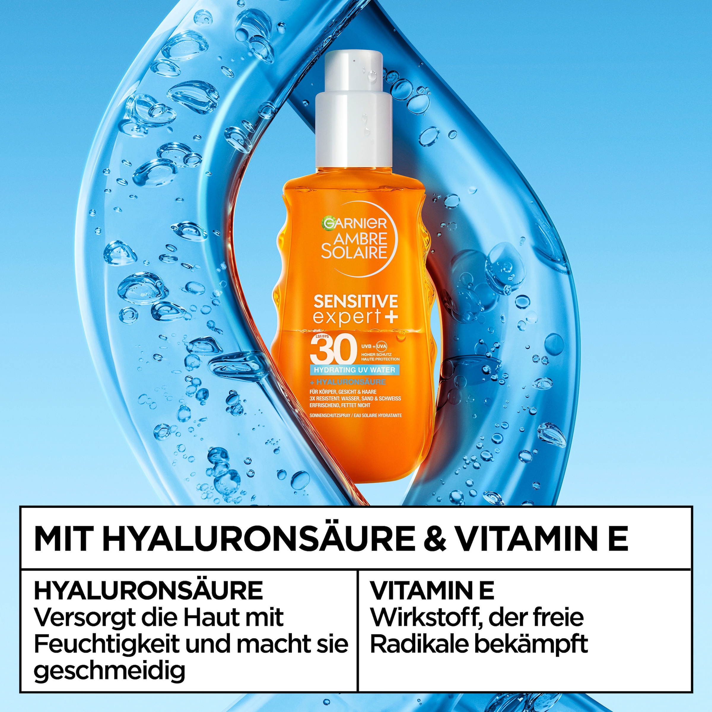 GARNIER Sonnenschutzspray »AMBRE SOLAIRE SENSITIVE EXPERT+ LSF 30« Hyddrating UV Water + Hyaluronsäure