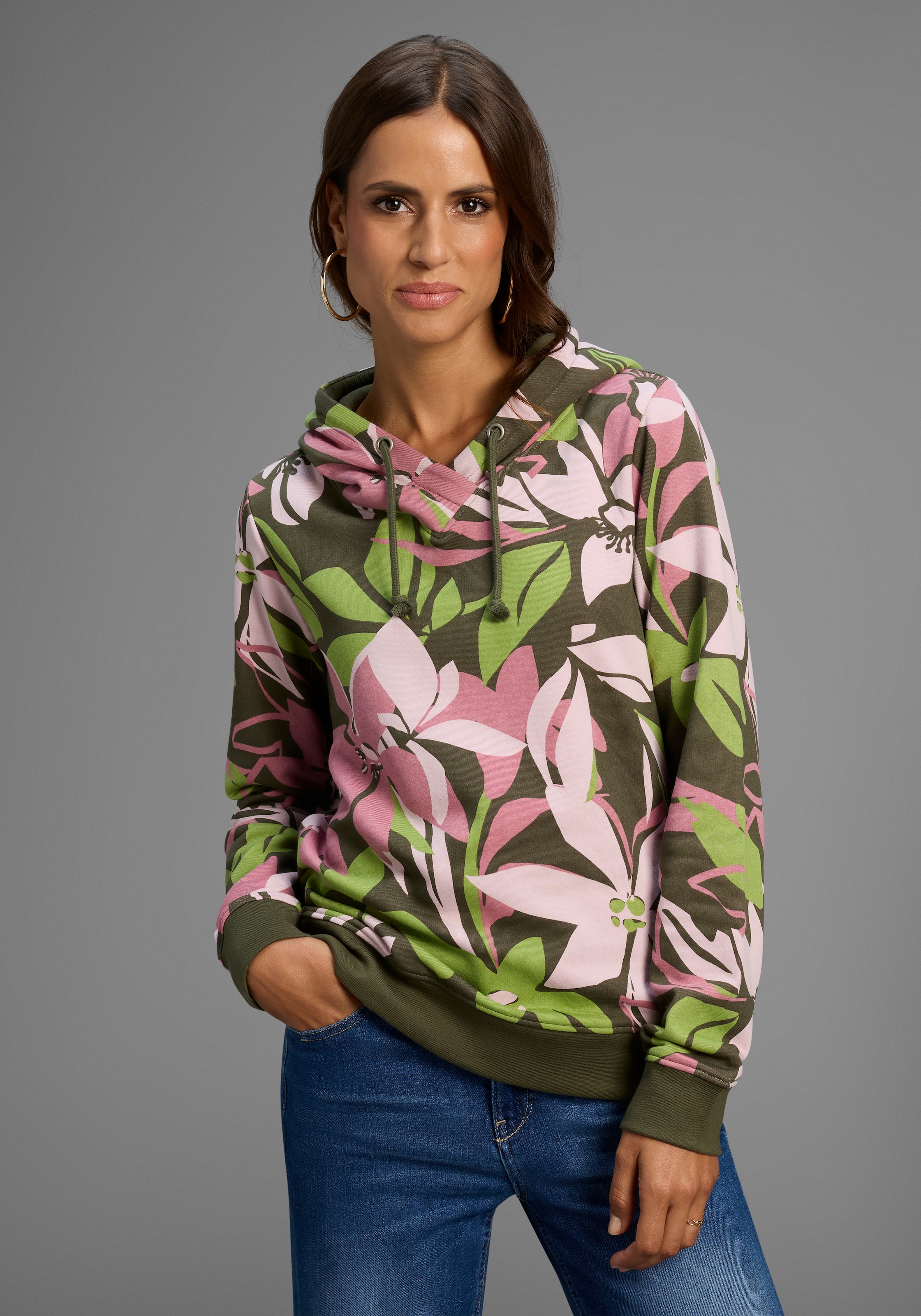 Laura Scott Sweater, Pflegeleichte Baumwollmischung mit Kapuze und Blumendruck