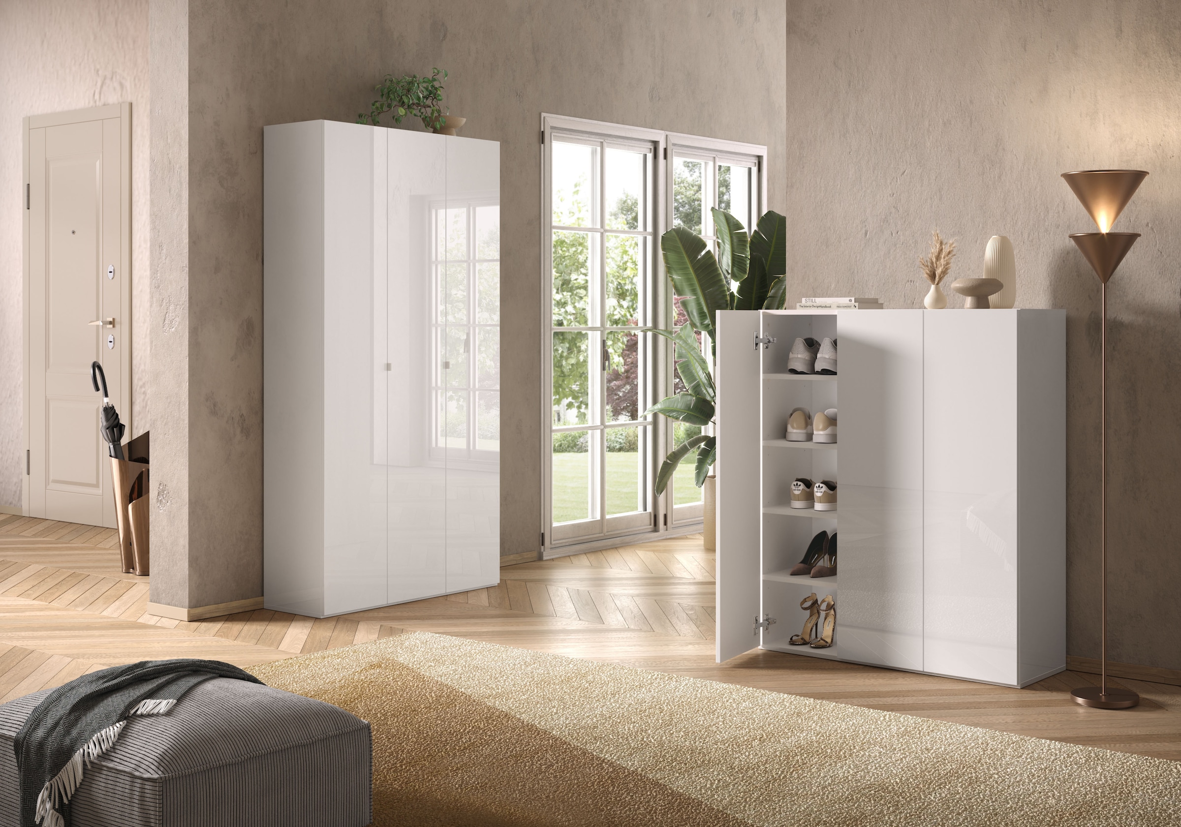 INOSIGN Schuhschrank »SMILE Breite 95 cm, Höhe 184 cm, Schuhregal mit 7 Ebenen,«, Schuhkommode in Weiss Hochglanz Lack