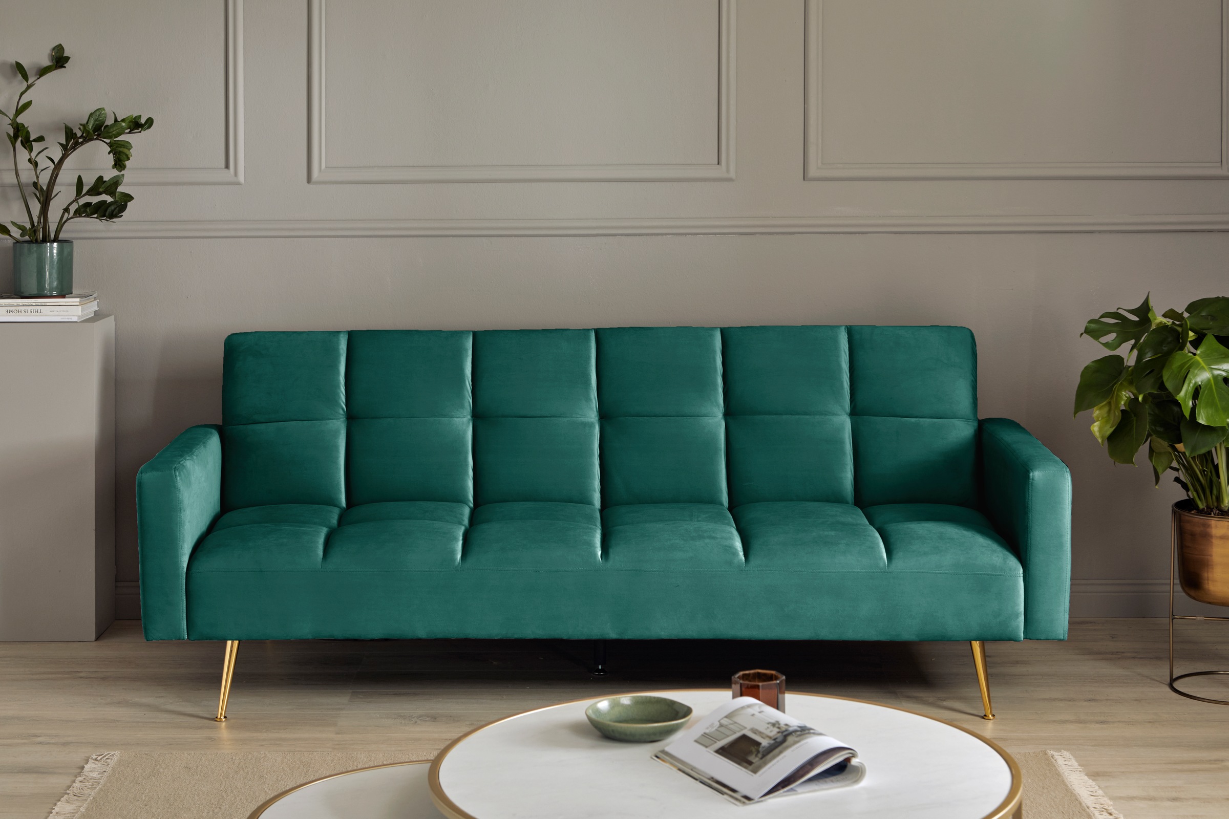 Jahnke Schlafsofa »CHILLAX POSH« mit Schlaffunktion, edler Samtstoff & Füße im Gold-Look, Breite 213 cm