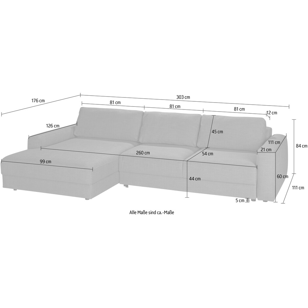 TRENDMANUFAKTUR Ecksofa »0, L-Form«, wahlweise mit Bettfunktion und Bettkasten, Tiefe Sitzfläche