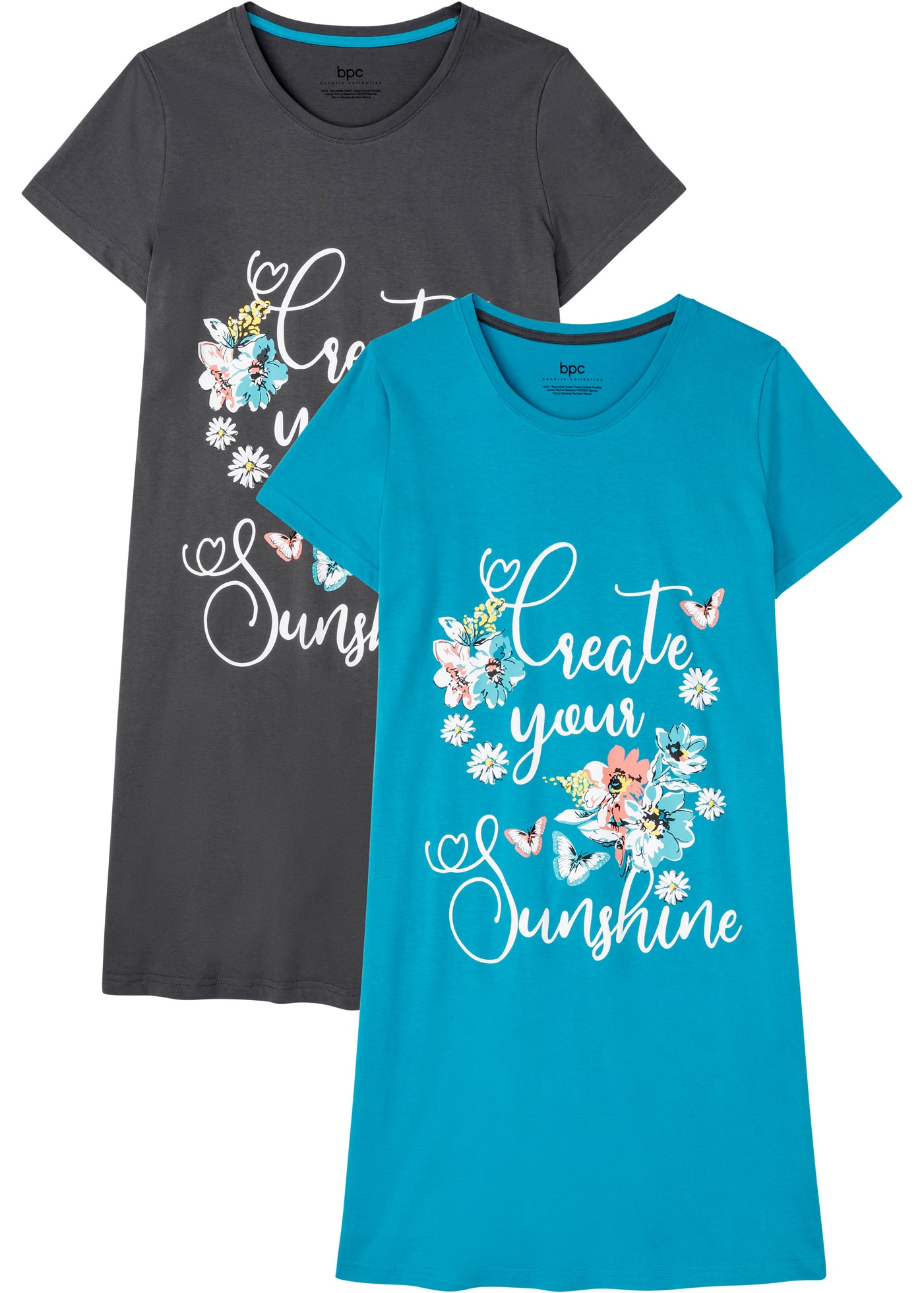 bonprix Nachthemd Packung, 2 tlg. für entspannte Stunden zu Hause, aus Baumwolle, mit kurzem Arm