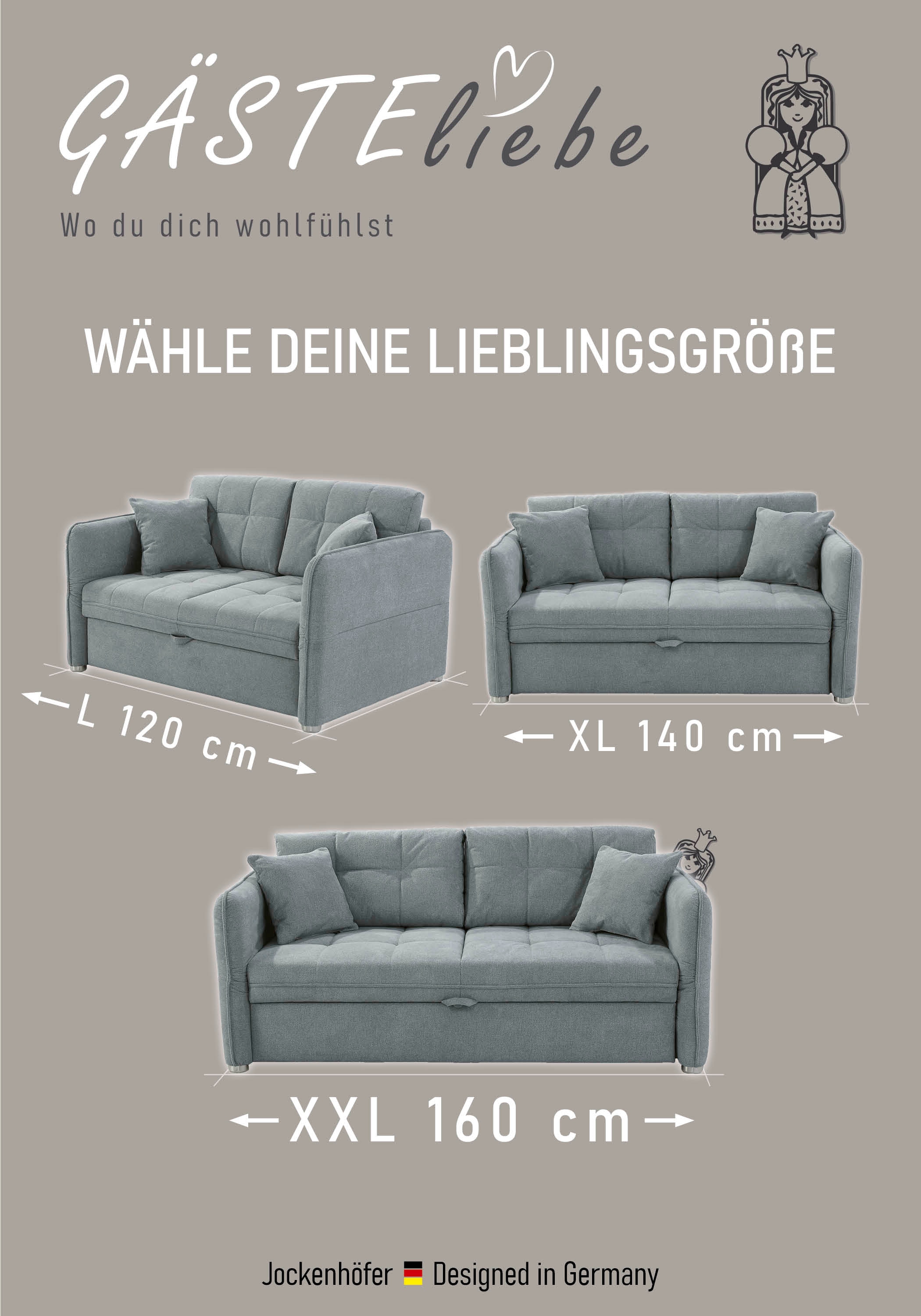 Jockenhöfer Gruppe Schlafsofa »Leon, B: 147 - 187 cm, Liegefl. 120 - 160x200 cm, Breite wählbar« mit Bettfunktion & Zierkissen, in 3 Breiten