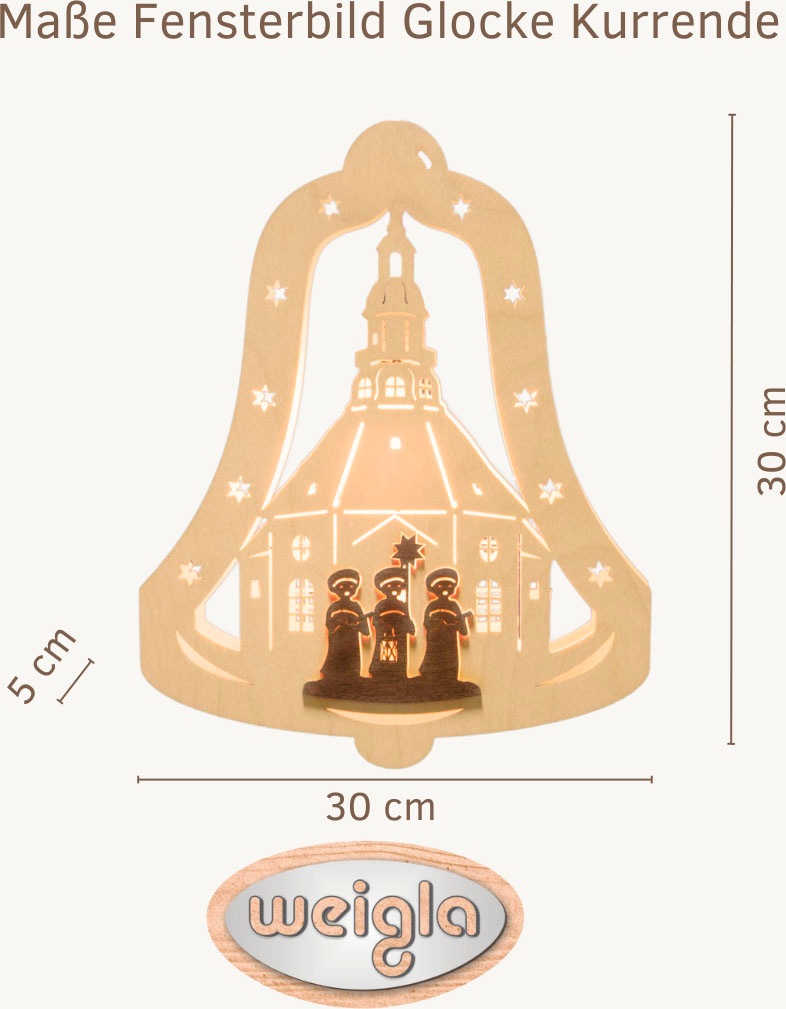 Weigla Dekofigur »beleuchtetes Fensterbild Glocke Kurrende, NATUR-BRAUN«, Erzgebirge garantiert, Weihnachtsdeko Innen, Weihnachtsbeleuchtung