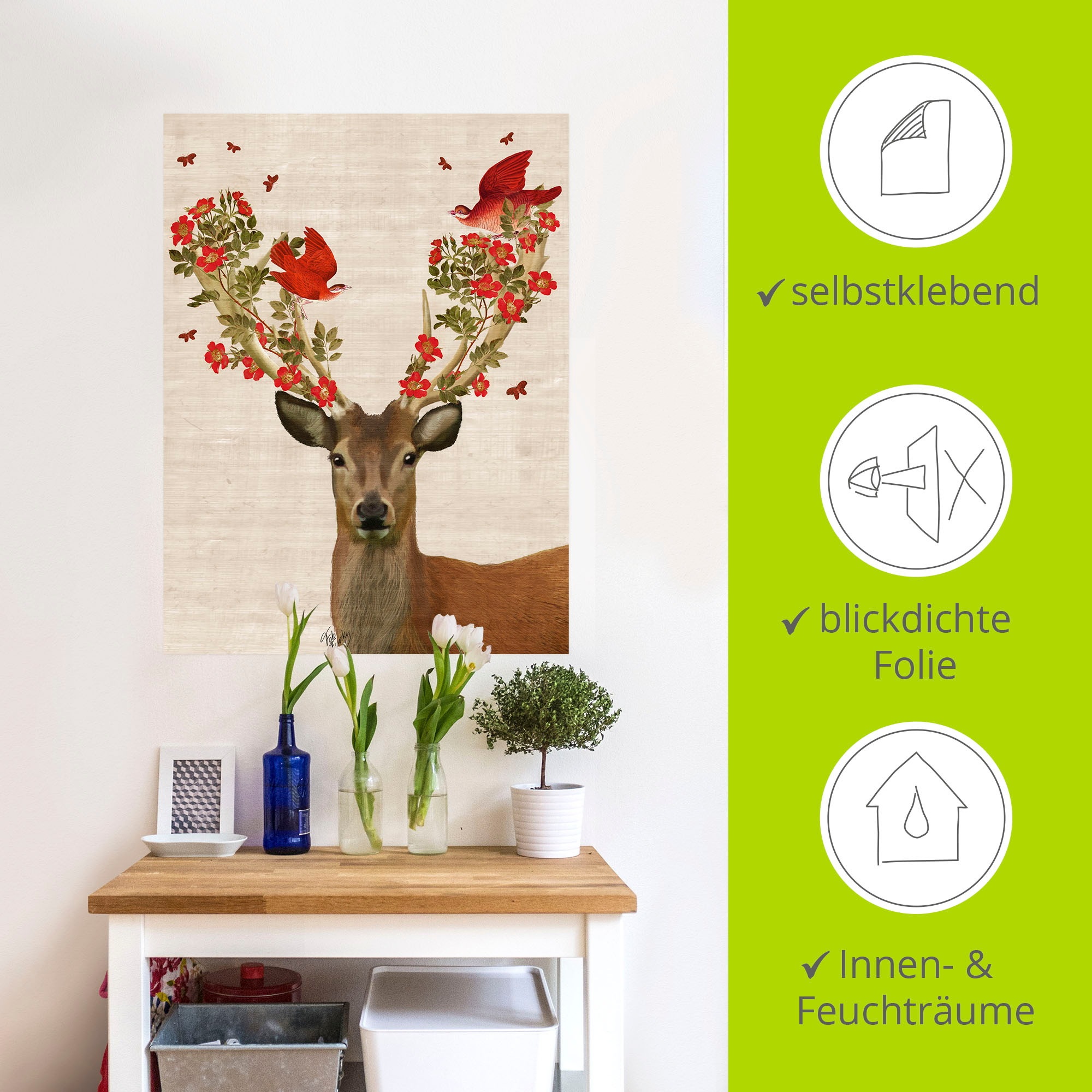 Artland Wandbild »Hirsch und Vögel Liebe«, Wildtiere, (1 St.), als Leinwandbild, Poster, Wandaufkleber in verschied. Größen