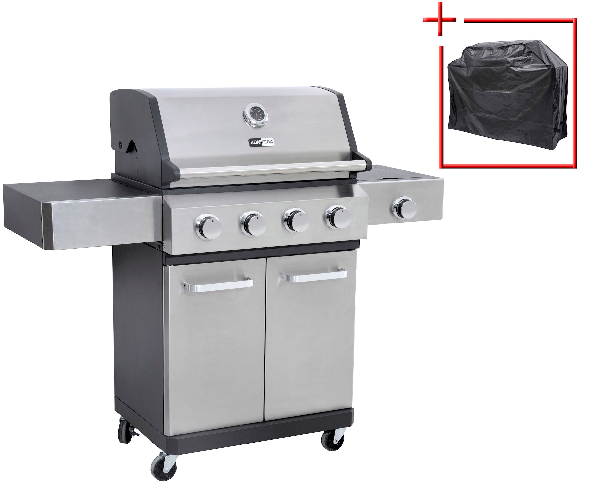 KONIFERA Gasgrill »Torino«, mit 4 Edelstahl-Brennern, inkl. Pizzastein, Hänchenspieß und Schutzhülle, BxTxH: 131x54x112