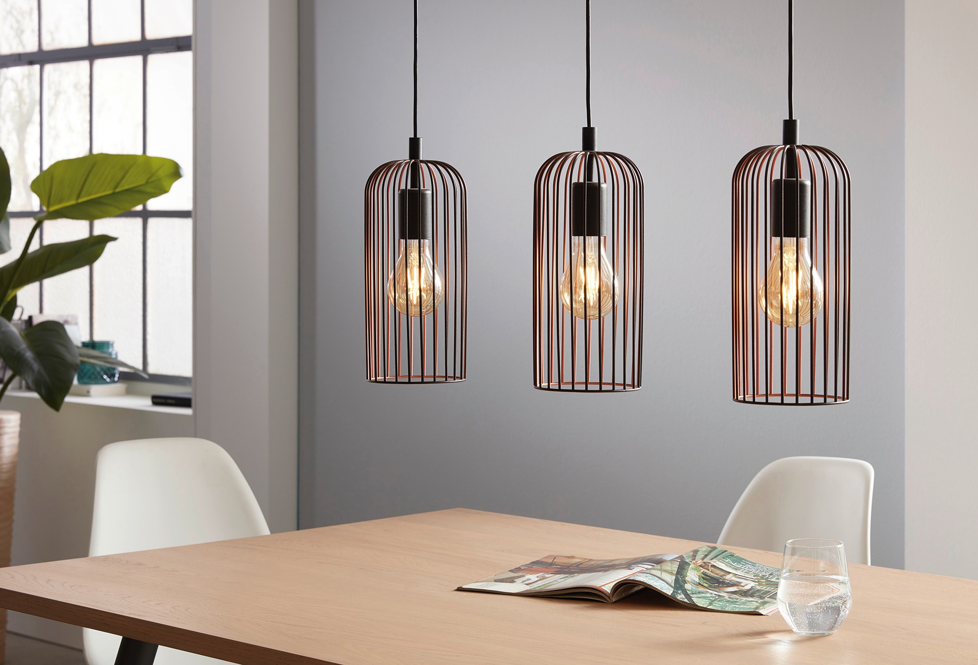 EGLO Hängeleuchte »ROCCAMENA Pendellampe, IP20, E27, Stahl, Vintage, Esstischlampe, Lampe«, 3 flammig, Leuchtmittel E27 | ohne Leuchtmittel, Hängeleuchte, L73 x B13 x H110 cm, schwarz, kupfer, 3X60W exkl.