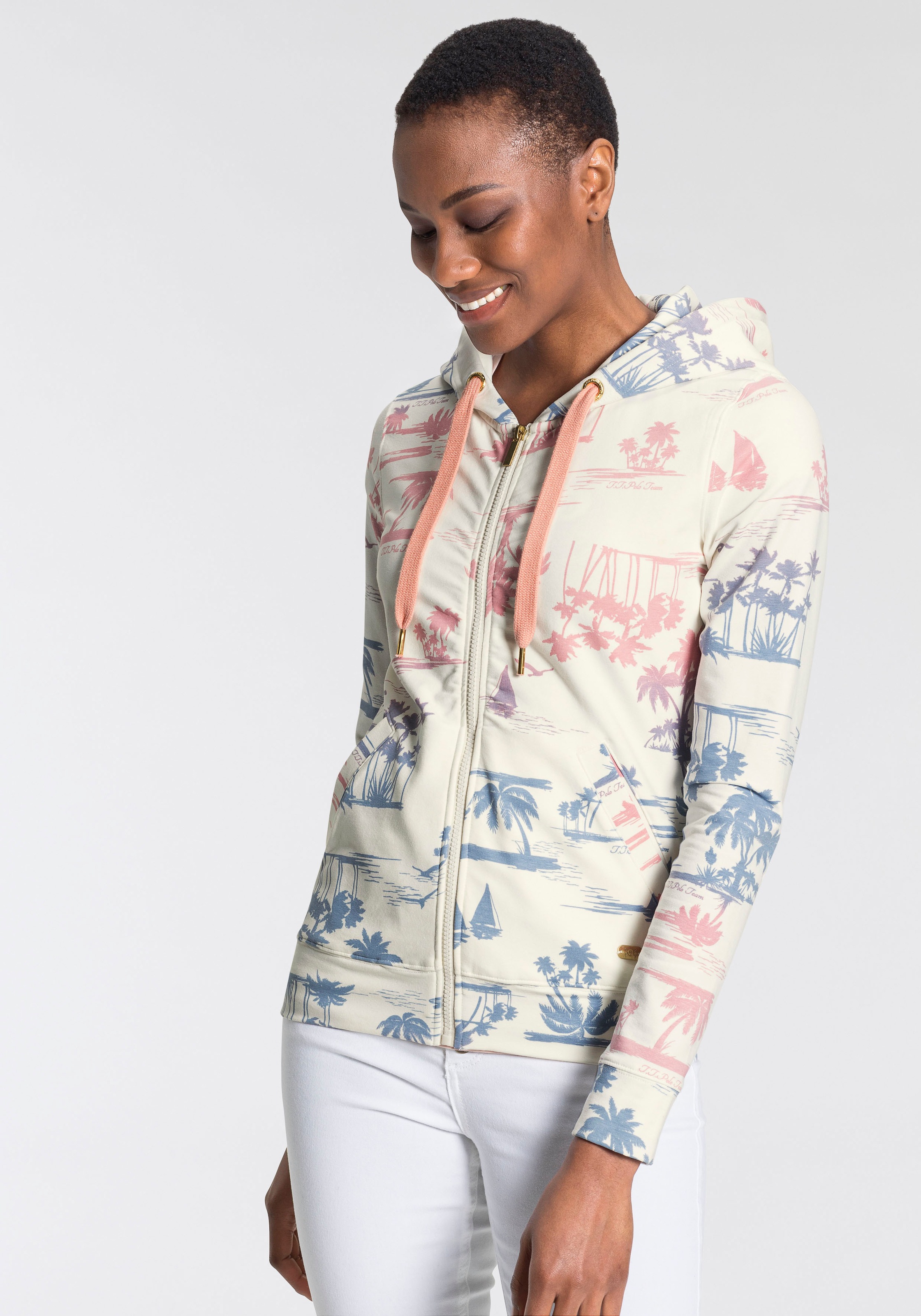 TOM TAILOR Polo Team Kapuzensweatjacke, mit sommerlichem Allover-Druck