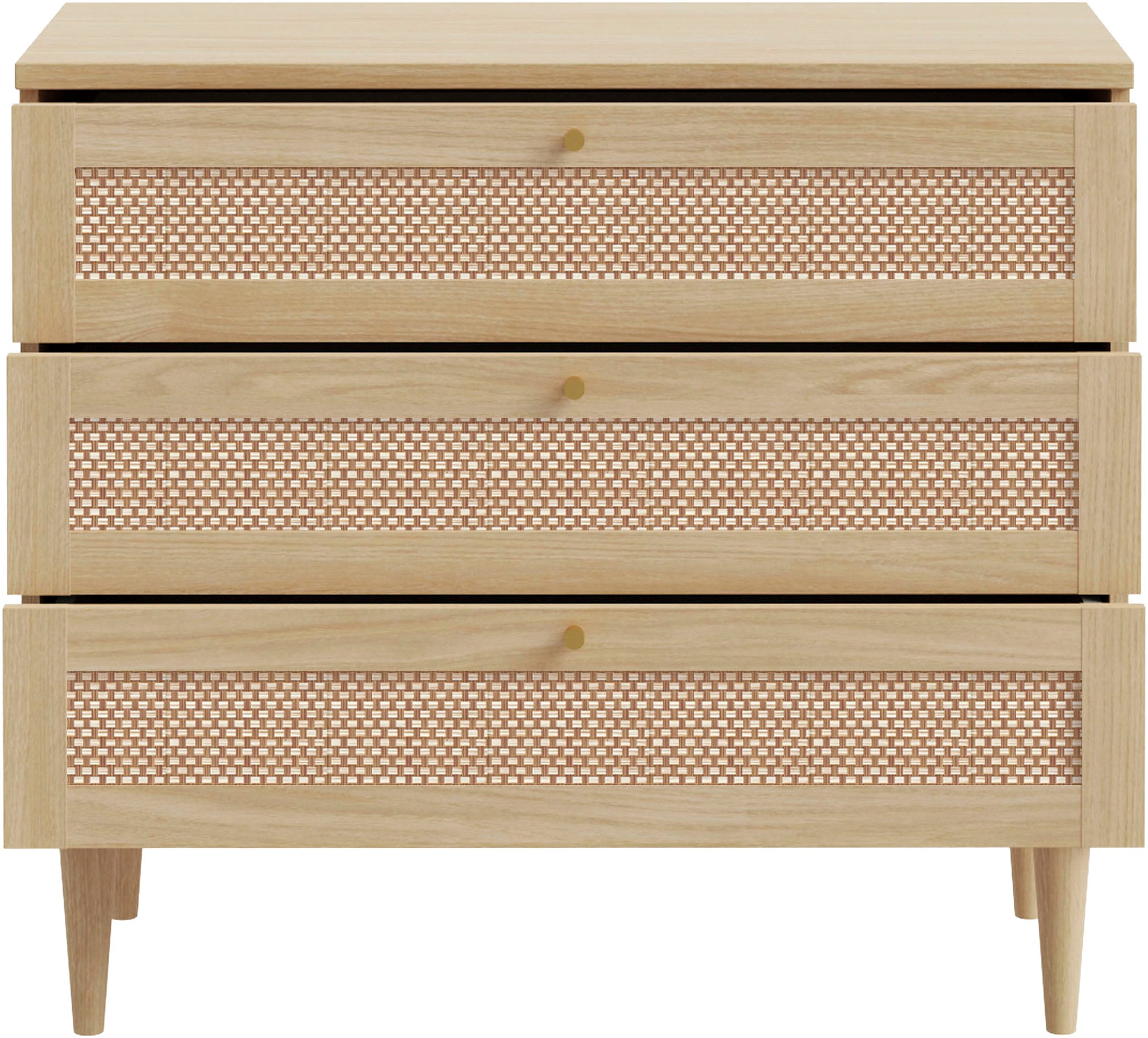 OTTO home Kommode »ELLIAN mit Geflechtoptik warmes Holzdekor, 3 Schubkästen« Holzfüße, Metallgriffe, Made in EU, viel Stauraum