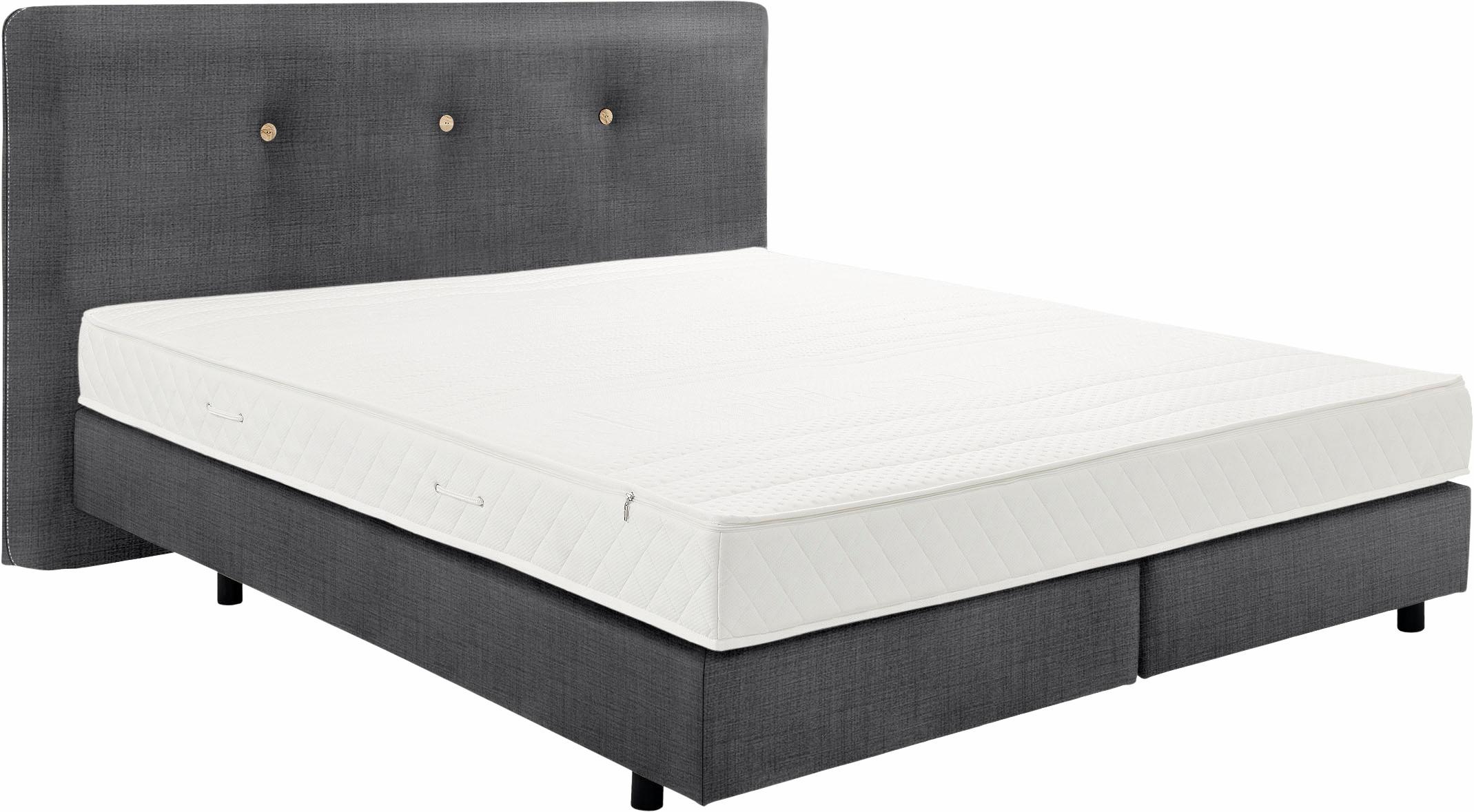now! by hülsta Boxspringbett, mit Olivenholz Holzknöpfen im Kopfteil, Flachgewebe
