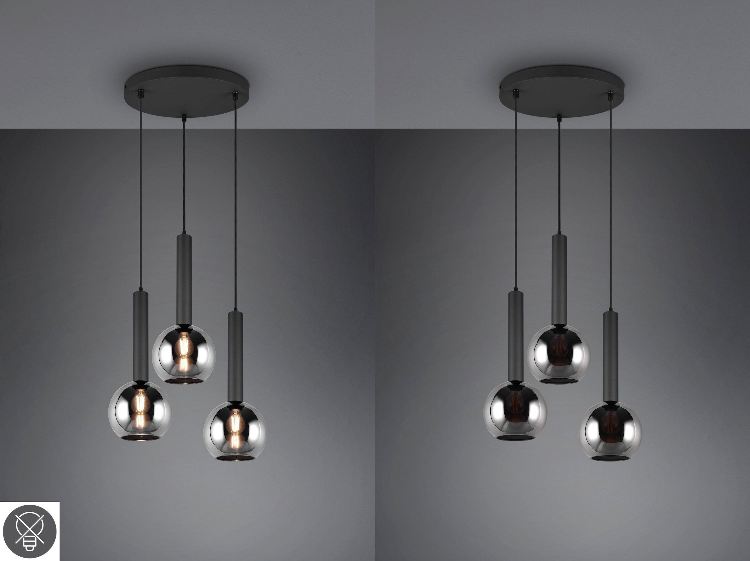 TRIO Leuchten Pendelleuchte »Clayton«, 3 flammig, Leuchtmittel E27 | ohne Leuchtmittel, Hängelampe höhenverstellbar bis 150cm, Glas rauchfarbig, exkl 3xE27