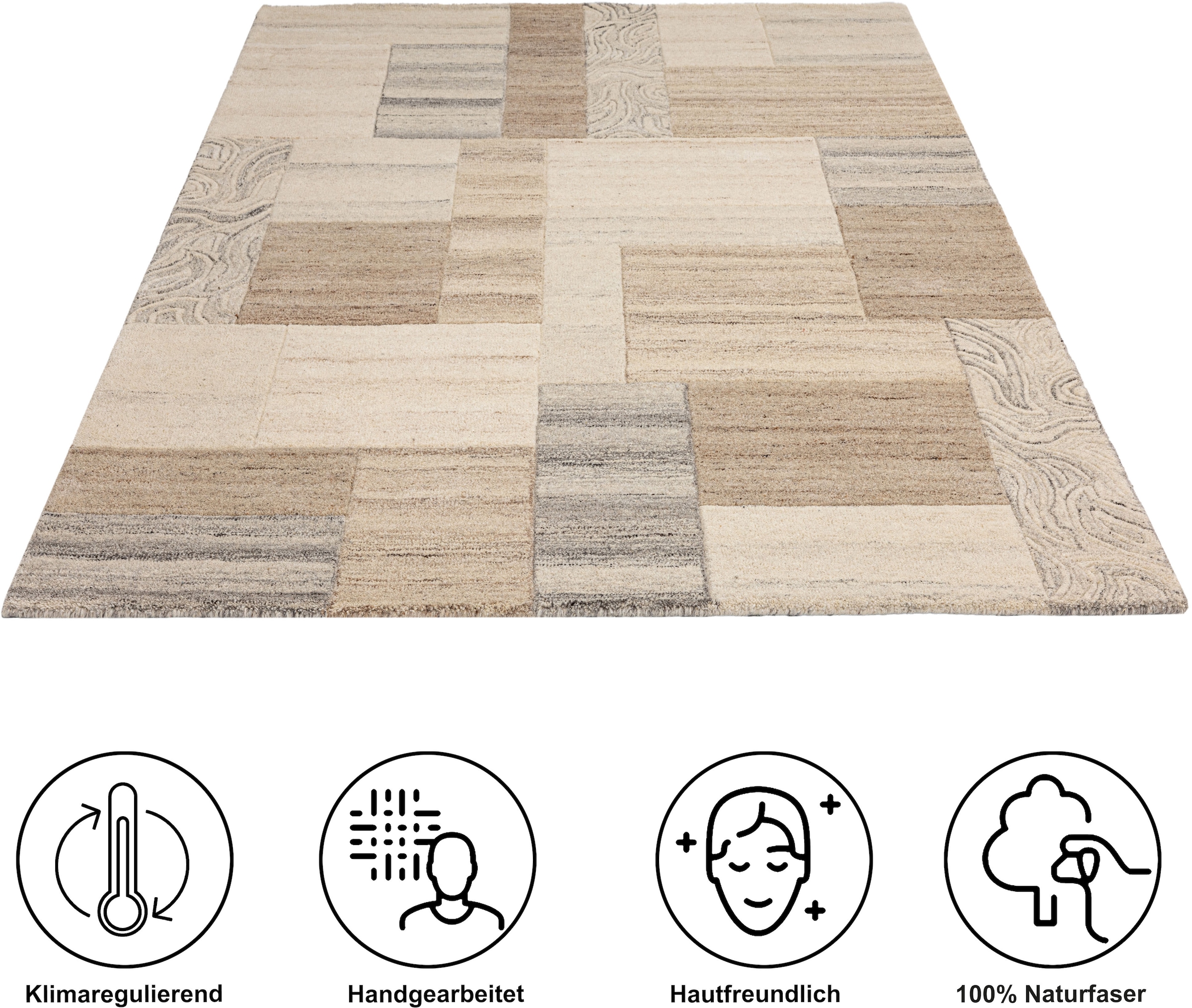 THEKO Wollteppich »Lola, Wolle, handgearbeitet, Patchwork Design, handgetuftet« rechteckig 12 mm Höhe Wohnzimmer, Schlafzimmer, Esszimmer, auch als Läufer und rund