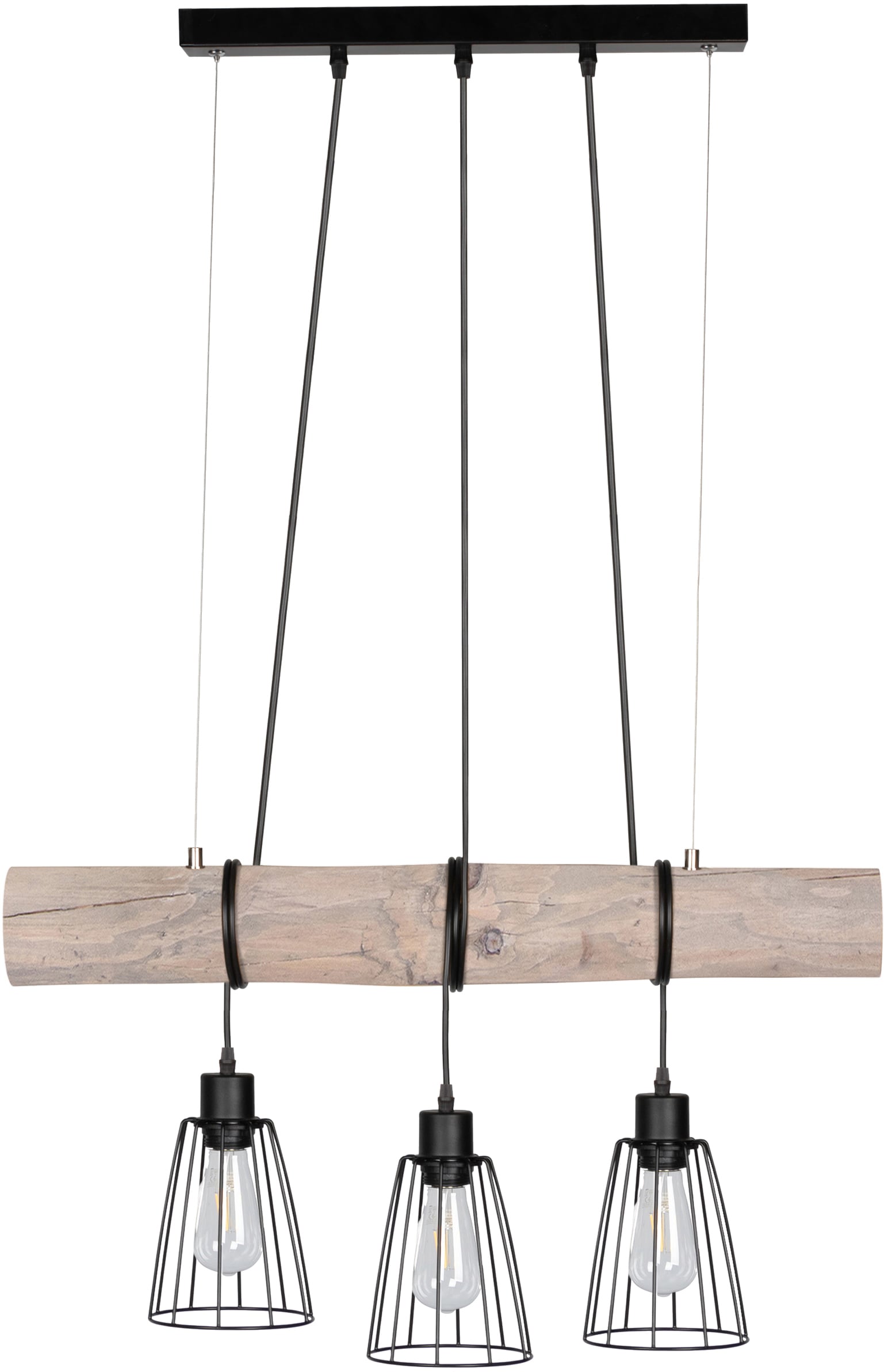 SPOT Light Pendelleuchte »TRABO SHORT«, E27, Hängeleuchte, Holzbalken aus massivem Kiefernholz Ø 8-12 cm,Holz grau gebeizt, Offene Metallschirme, Passende LM E27/exklusive, Made in Europe