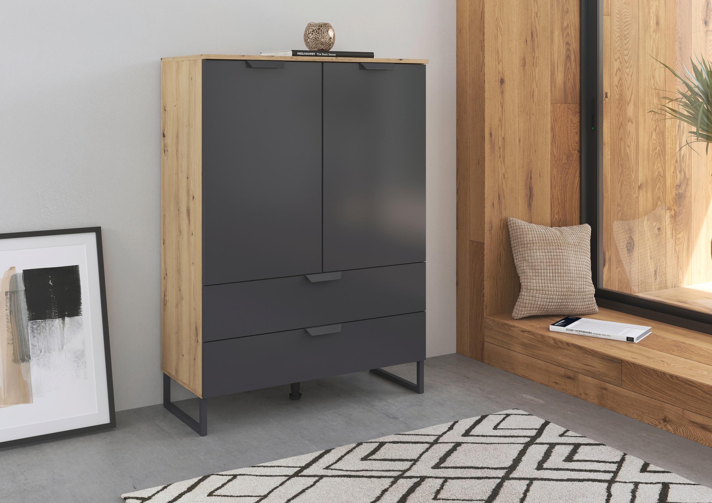 rauch Hochkommode »Dark&Wood by Aditio«, im Industrial Style mit Kufenfuß, 2 Schubladen mit Softclose-Funktion