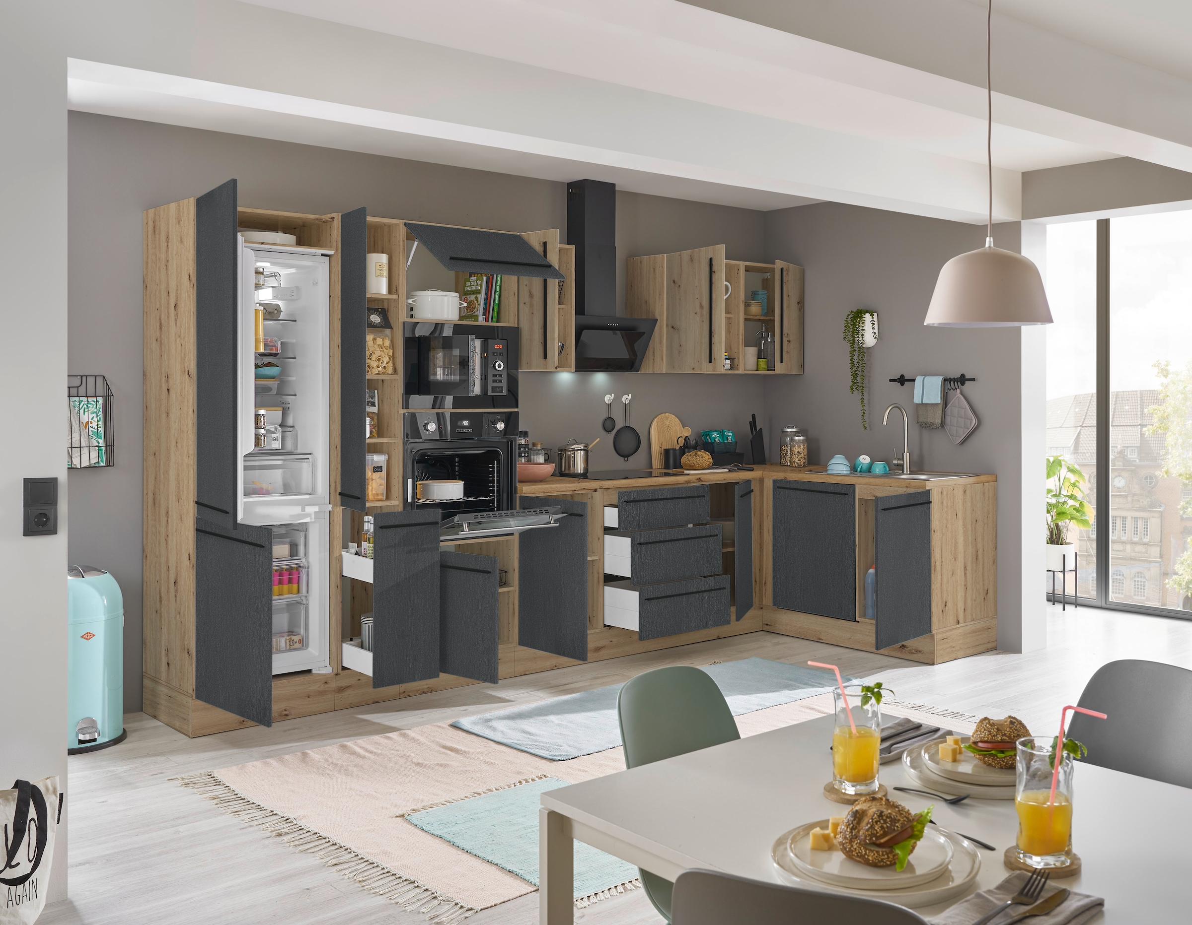 KOCHSTATION Winkelküche »Florida, Stellbreite 370x175 cm«, wahlweise mit E-Geräten, mit Softclose für Türen und Schubkästen
