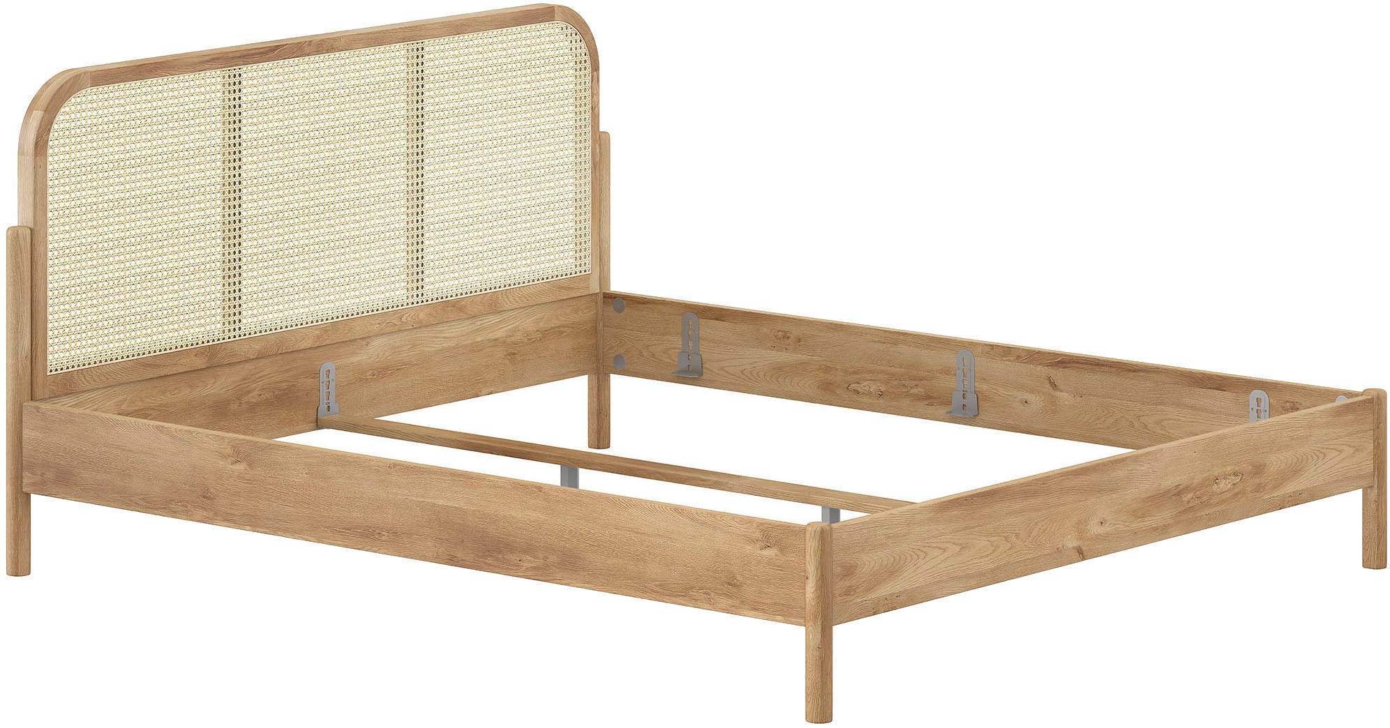 Home affaire Bettgestell »Olive, Bettpfosten Eiche massiv und furnierten Bettseiten«, (mit hochwertigem Rattan-Geflecht Kopfteil, Rahmen Eiche massiv), ohne Lattenrost, mit höhenverstellbarem Rahmenbeschlag, zwei Breiten