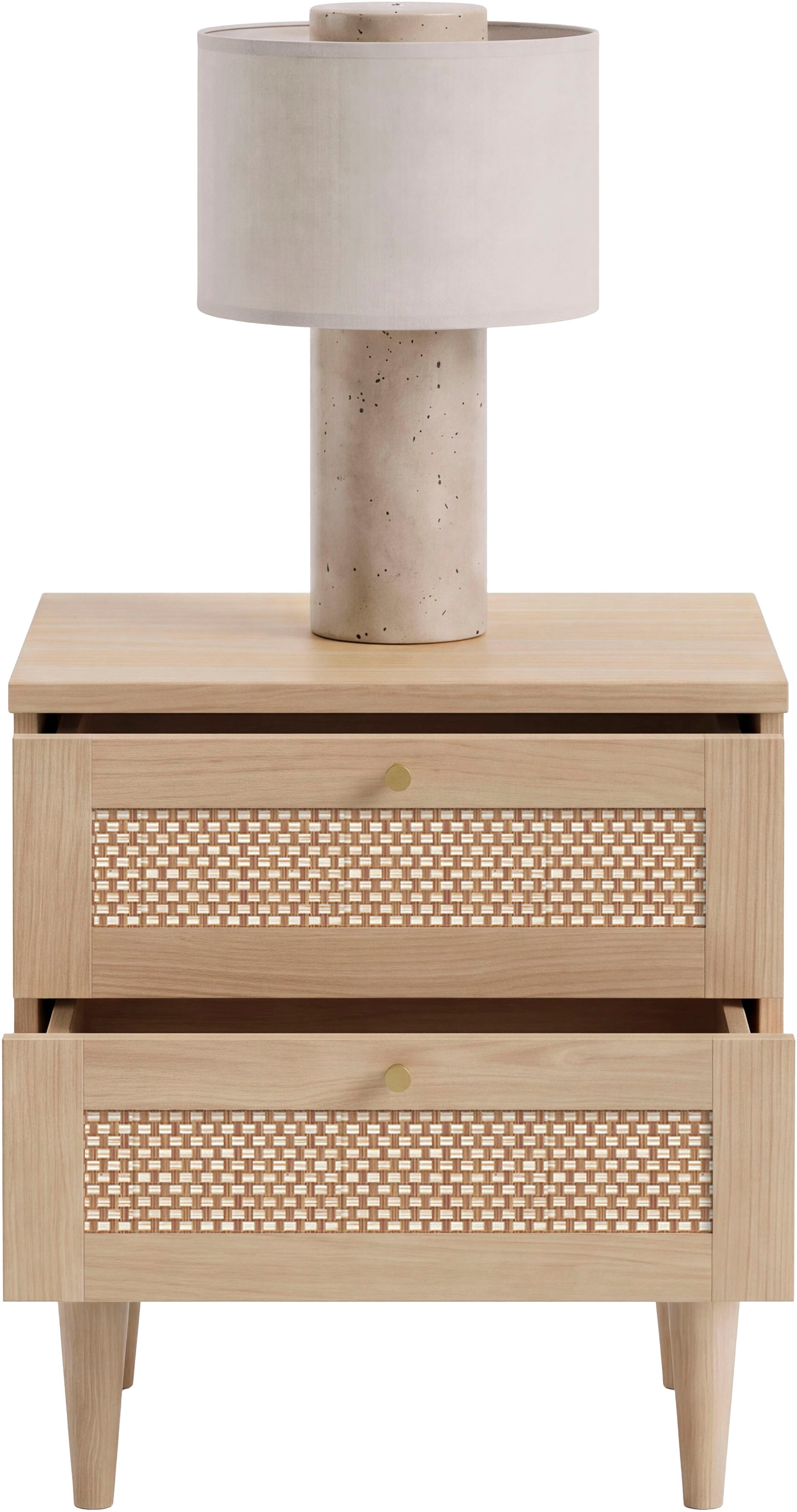 OTTO home Nachtkommode »ELLIAN mit natürlicher Geflechtoptik, 2 Schubladen« Holzfüße, Metallgriffe, Made in EU, viel Stauraum