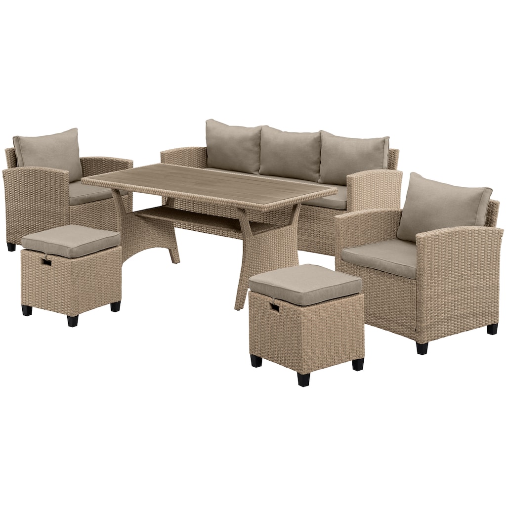 KONIFERA Gartenlounge-Set »Amsterdam«, (Set, 16 tlg., 1x 3er Sofa, 1x 2 Sessel, 2x Hocker, 1xTisch 144,5x74x67cm,Polyrattan), Stahl, Ablagefläche unter dem Tisch, Loungeset