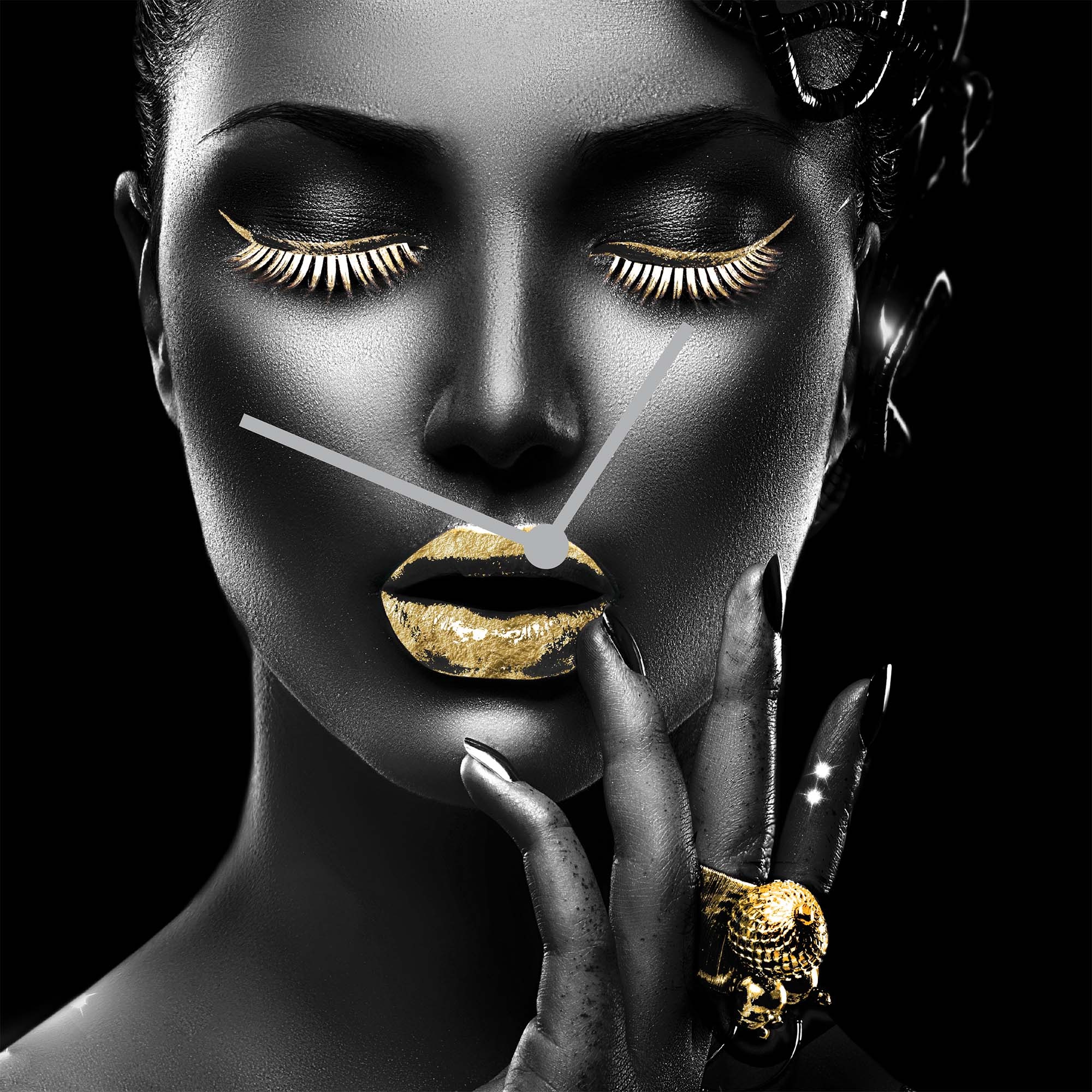 Leonique Wanduhr »Gesicht, Blattgold Applikationen«, Uhr, geräuschlos, gold, Blattgold, handarbeit, Frau, Gesicht, Lippen