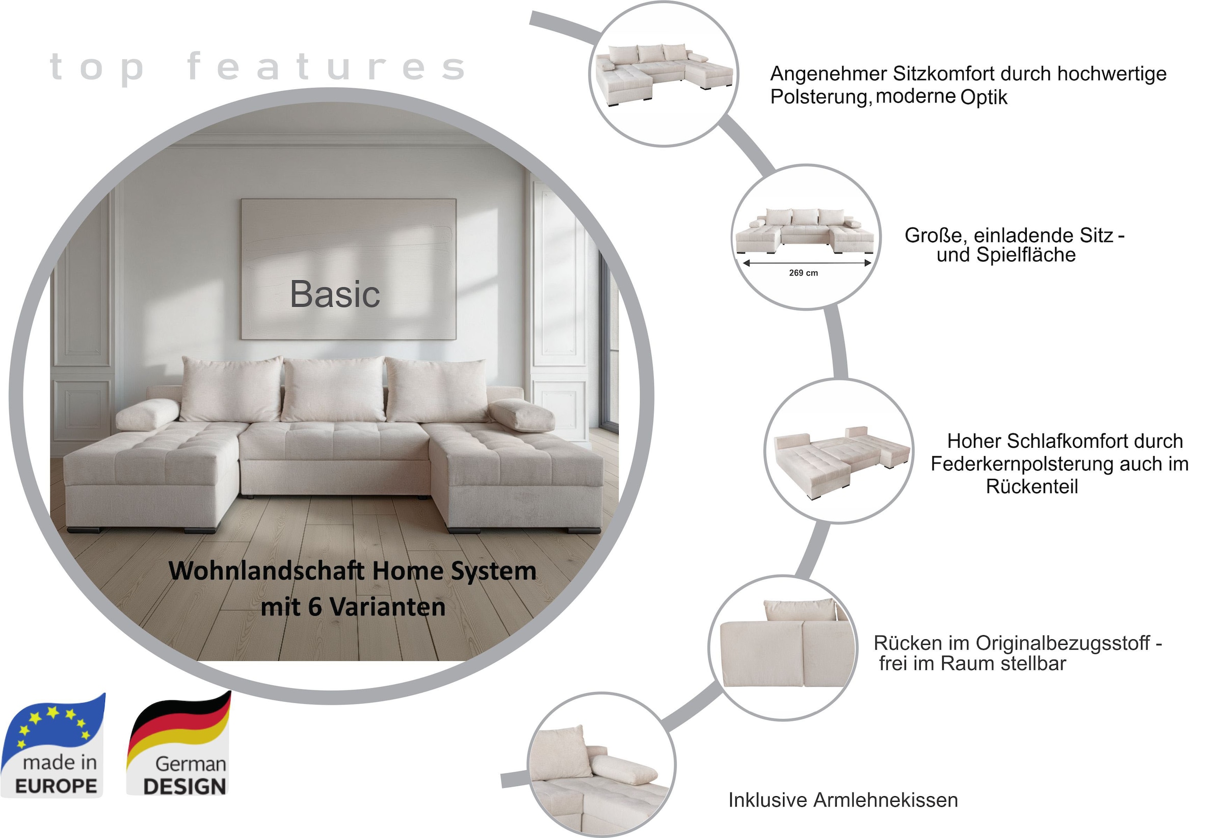 OTTO home Wohnlandschaft »Home System U-Form, von B: 269-352 cm wählbar, 6 Varianten zur Auswahl« mit Bettfunktion, Bettkasten & Zierkissen, Federkern