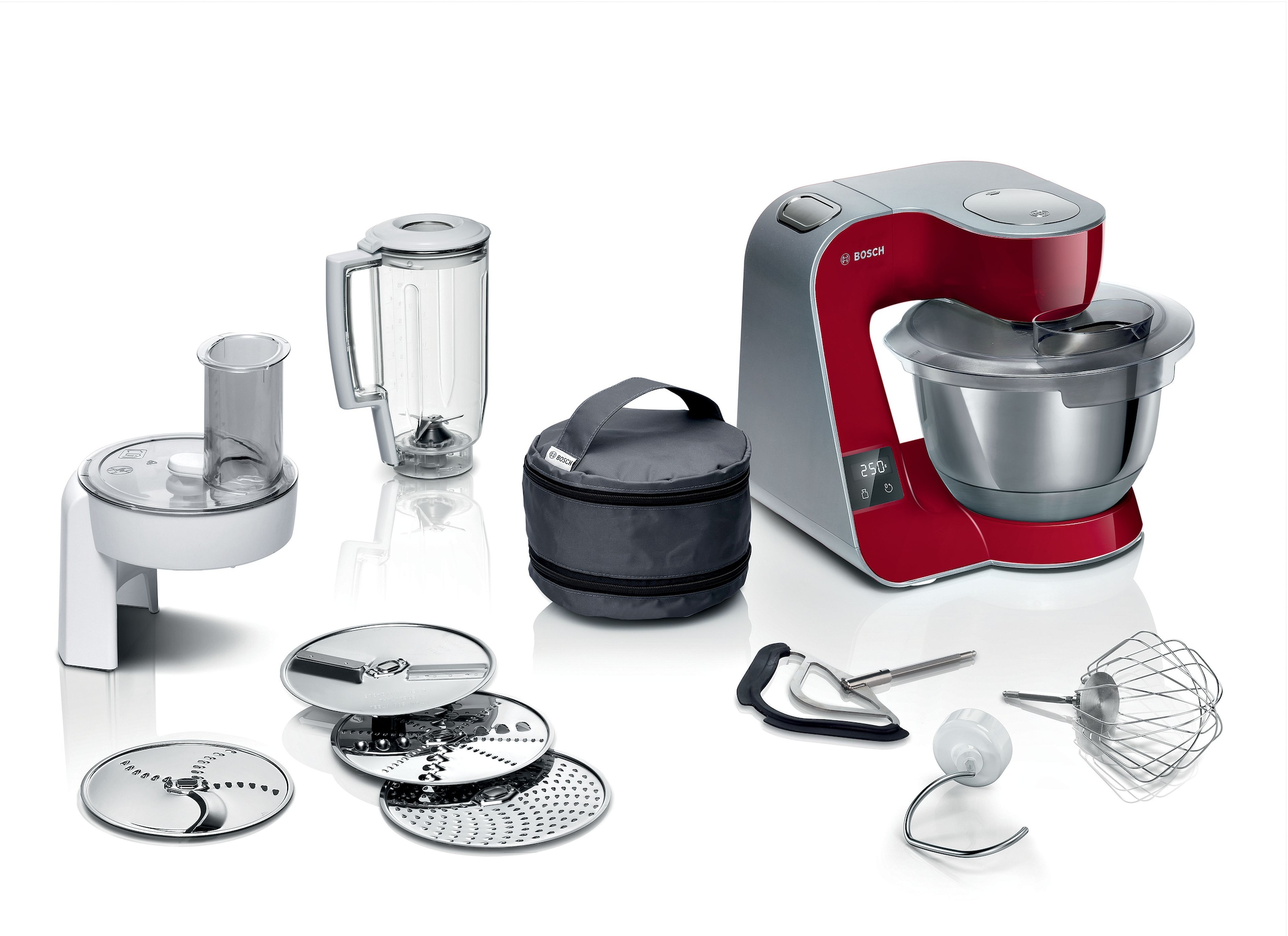 BOSCH Küchenmaschine »Serie 4 MUM5X720, integr. Waage, Durchlaufschnitzler, Mixer, rot«, 3 Scheiben, Schüssel, Knethaken/Rühr-/Schlagbesen, spülmaschinenfest