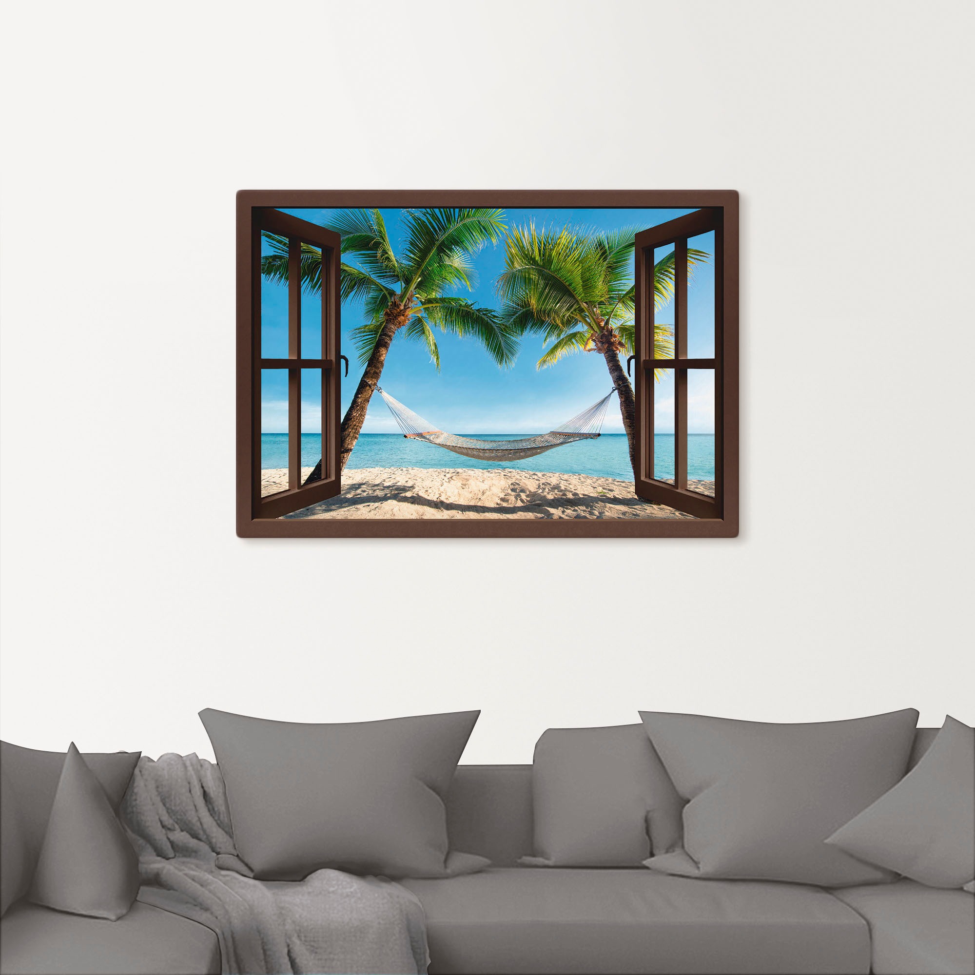Artland Wandbild »Fensterblick Palmenstrand Karibik«, Amerika, (1 St.), als Leinwandbild, Poster, Wandaufkleber in verschied. Größen