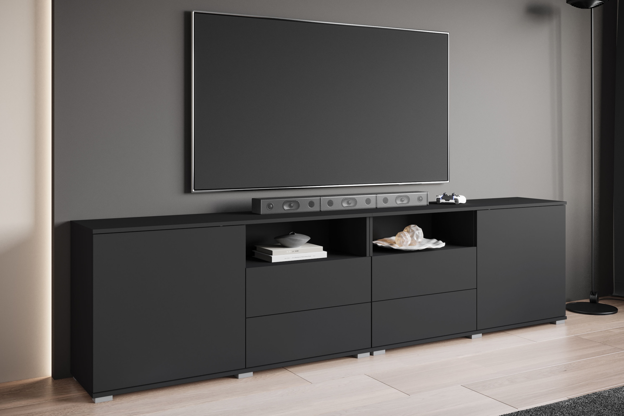 OTTO home Lowboard »Kenia, TV-Schrank, 240 cm breit, mit 2 Türen und 4 Schubladen« 1 Stk. tlg. Höhenverstellbare Einlegeböden und offene Ablagefächer