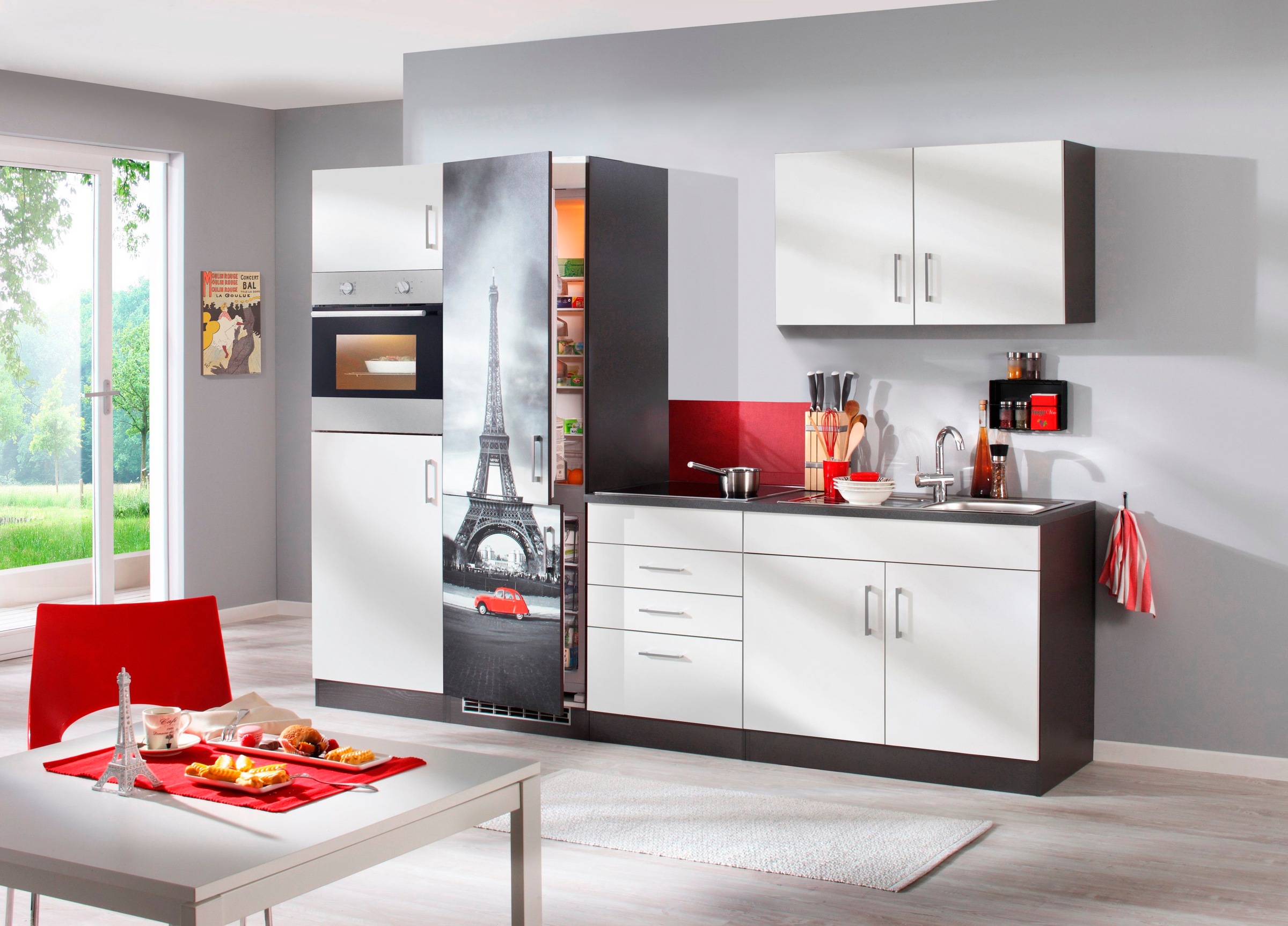 KOCHSTATION Küchenzeile »KS-Paris – Küchen mit einzigartigen Fotomotiven auf den Fronten« Breite 280 cm, wahlweise mit E-Geräten und Induktion