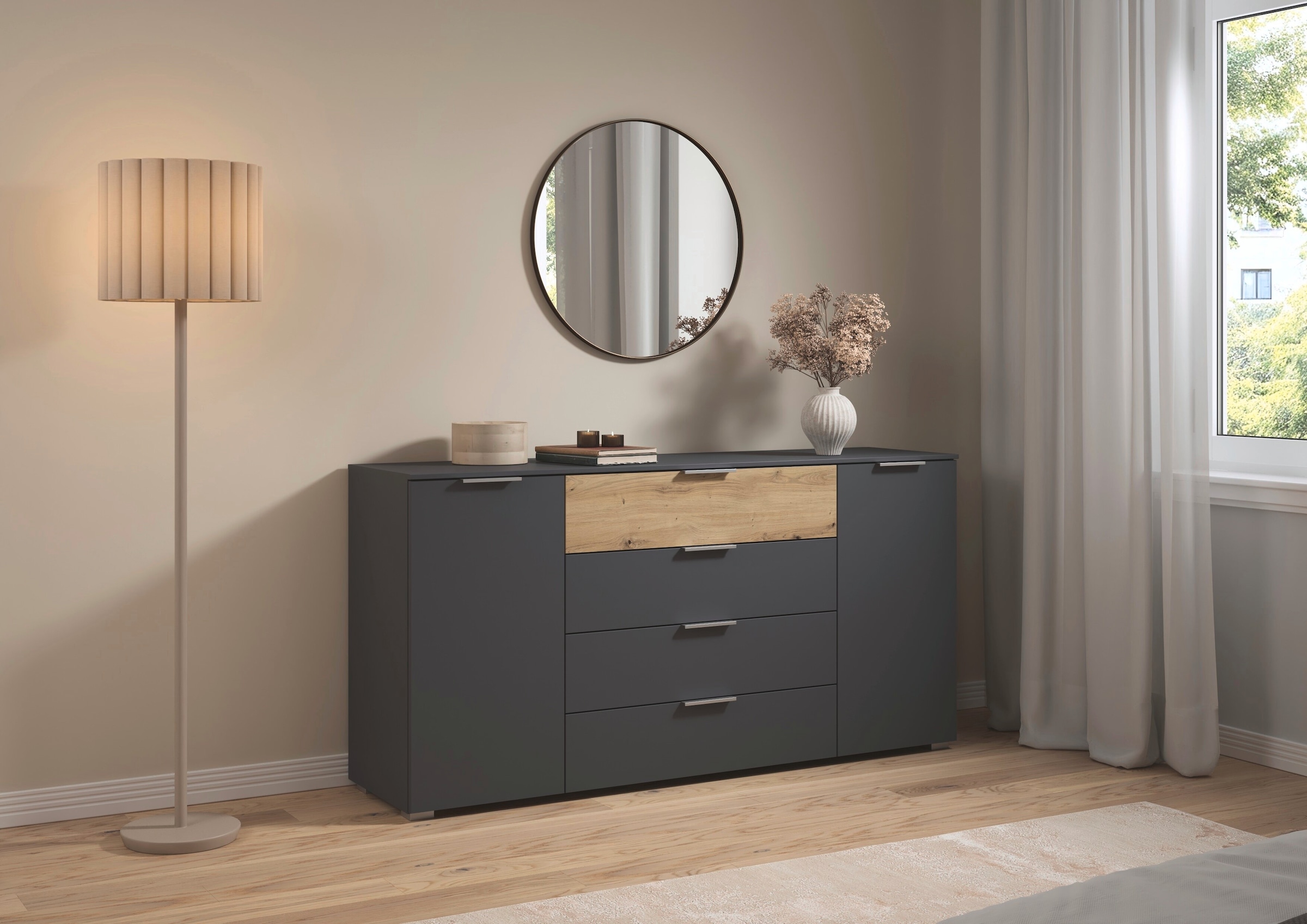 rauch Kombikommode »Sideboard Türkommode Schubladenkommode Kommode ASTANA« Breite 160 cm / Höhe 81 cm, mit 4 Einlegeböden,  2-türig, 4 geräumige Schubladen, Kantengriff Alufarben MADE IN GERMANY