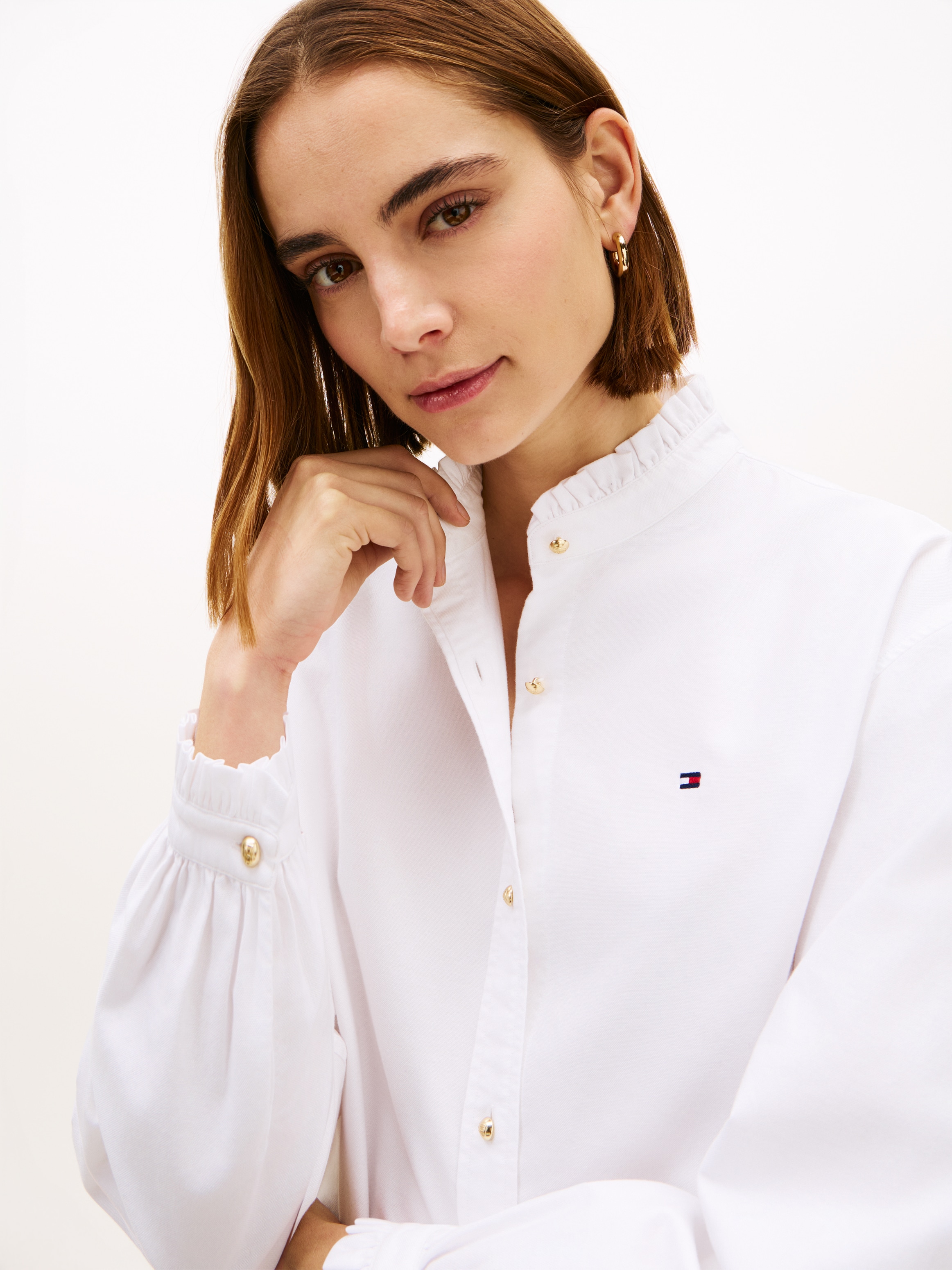 Tommy Hilfiger Langarmbluse »OXFORD CROP RUFFLE LS SHIRT« mit Rüschen-Details, boxy