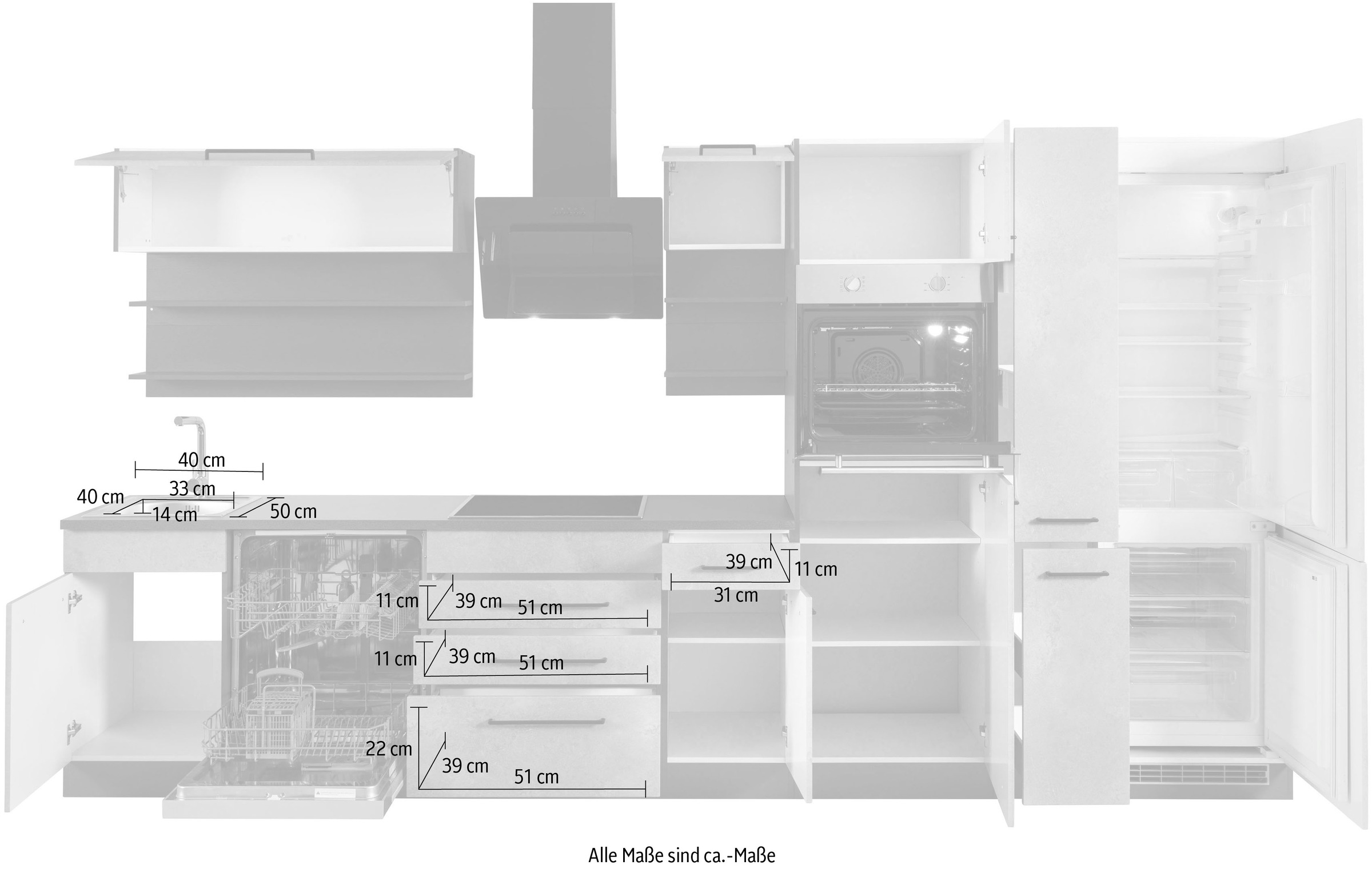 KOCHSTATION Küchenzeile »KS-Tulsa«, ohne E-Geräte, Breite 360 cm, schwarze Metallgriffe, MDF Fronten