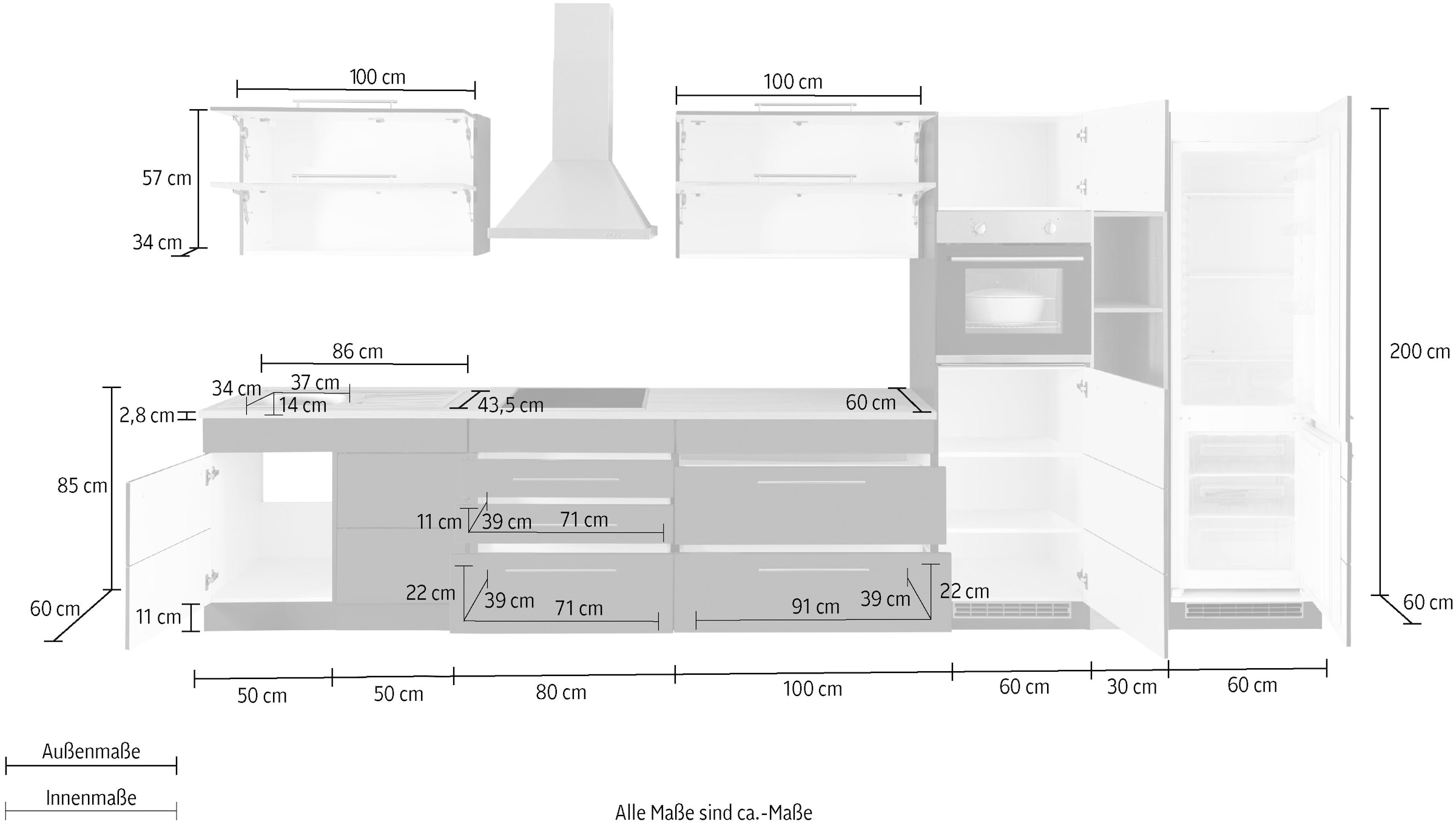 KOCHSTATION Küchenzeile »KS-Wien« Breite 430 cm, wahlweise mit E-Geräten und Induktion
