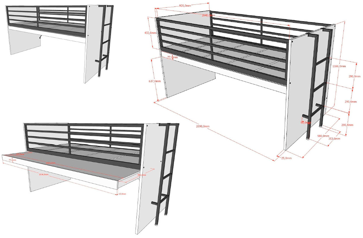 Vipack Stauraumbett »Sam, schlafen und arbeiten in einem, wahlweise Eiche- oder Weiß-Dekor« Liegefläche 90x200 cm, darunter eine große ausziehbare Schreibplatte,  mit Absturzschutz, Leiter u. Stauraum, pflegeleichte Dekor Oberfläche