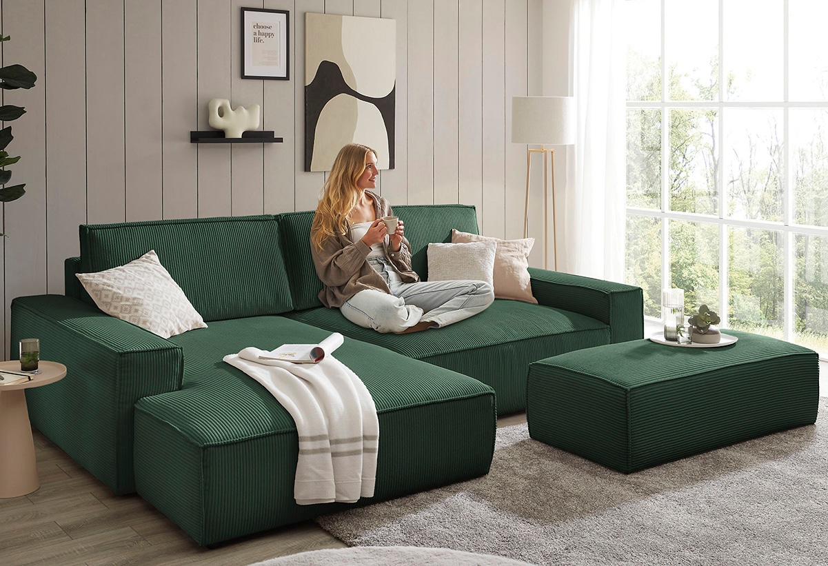 Home affaire Polsterecke »NEU: SHERWOOD XXL tief, L-Form mit Schlaffunktion, Big-Sofa mit Hocker«, (Set, 2 St.), stellbar zum Schlafsofa (Krokodilverbinder), Cord, Leinenoptik