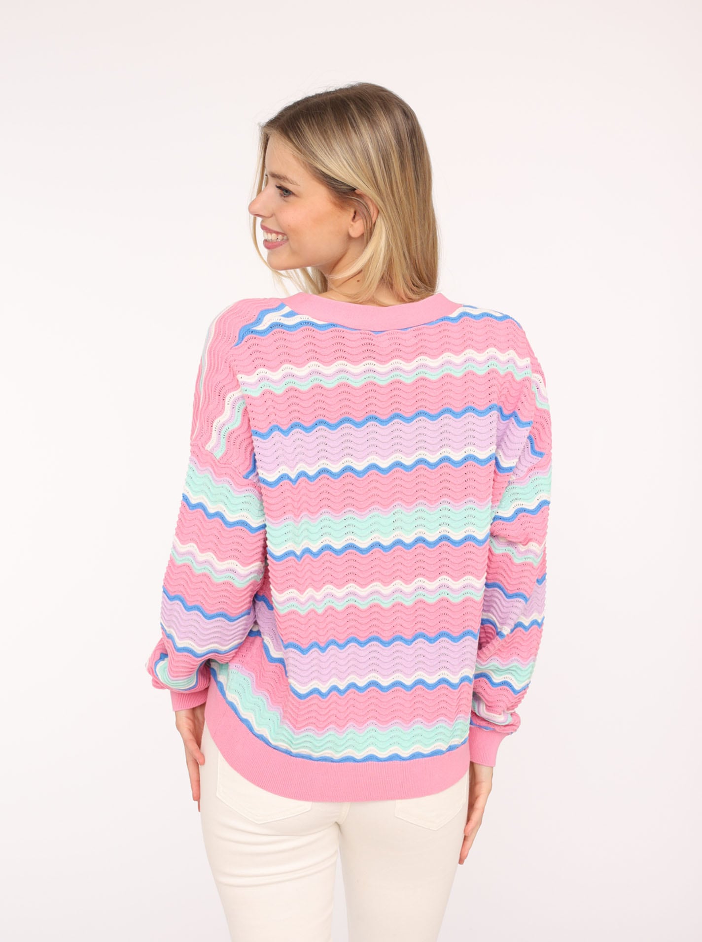 Zwillingsherz Strickjacke, Wellen-Muster, Langarm, V-Ausschnitt, Baumwolle, Knöpfe