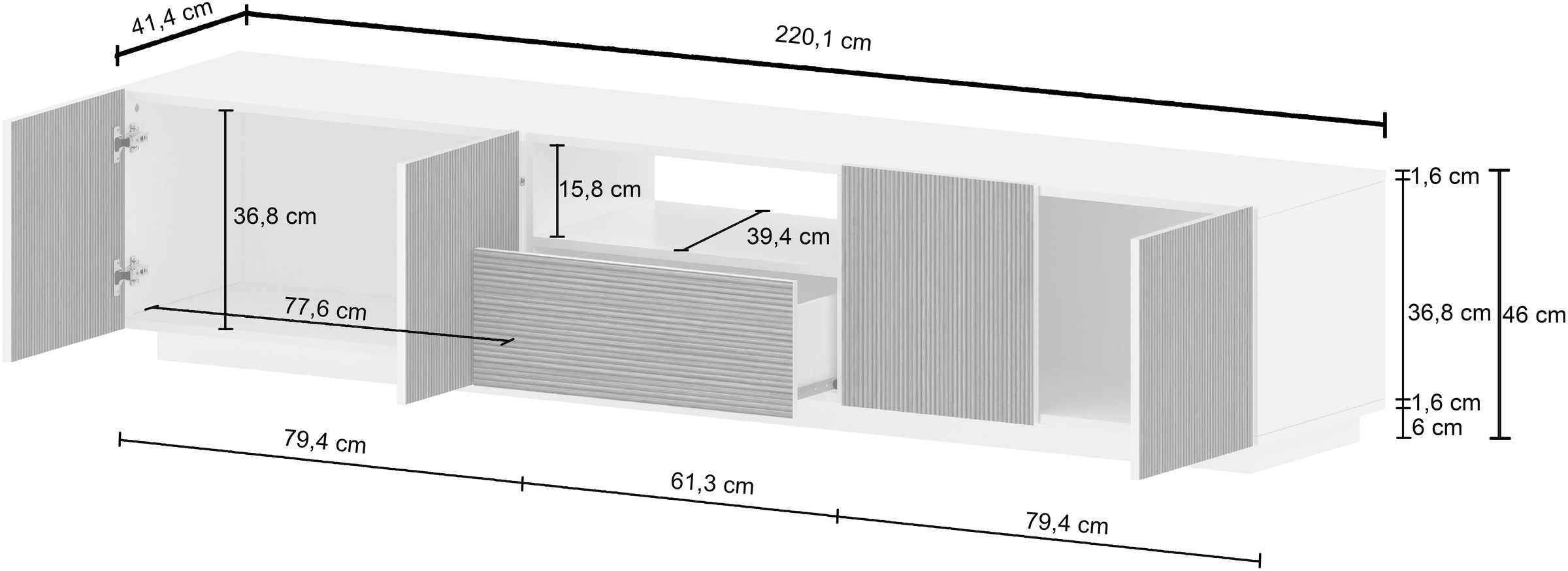 INOSIGN Lowboard »Vega,Lowboard,TV Board,TV Schrank,220 cm«, mit 4 Türen und 1 Schublade,Fronten mit Rillen-Optik