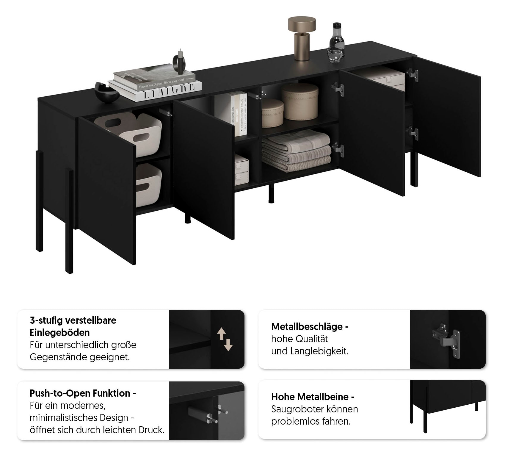 OTTO home Kommode »Jukon,Breite 200 cm, moderne grifflose Kommode,4 Türen« Sideboard, Anrichte viel Stauraum, push-to-open-Funktion