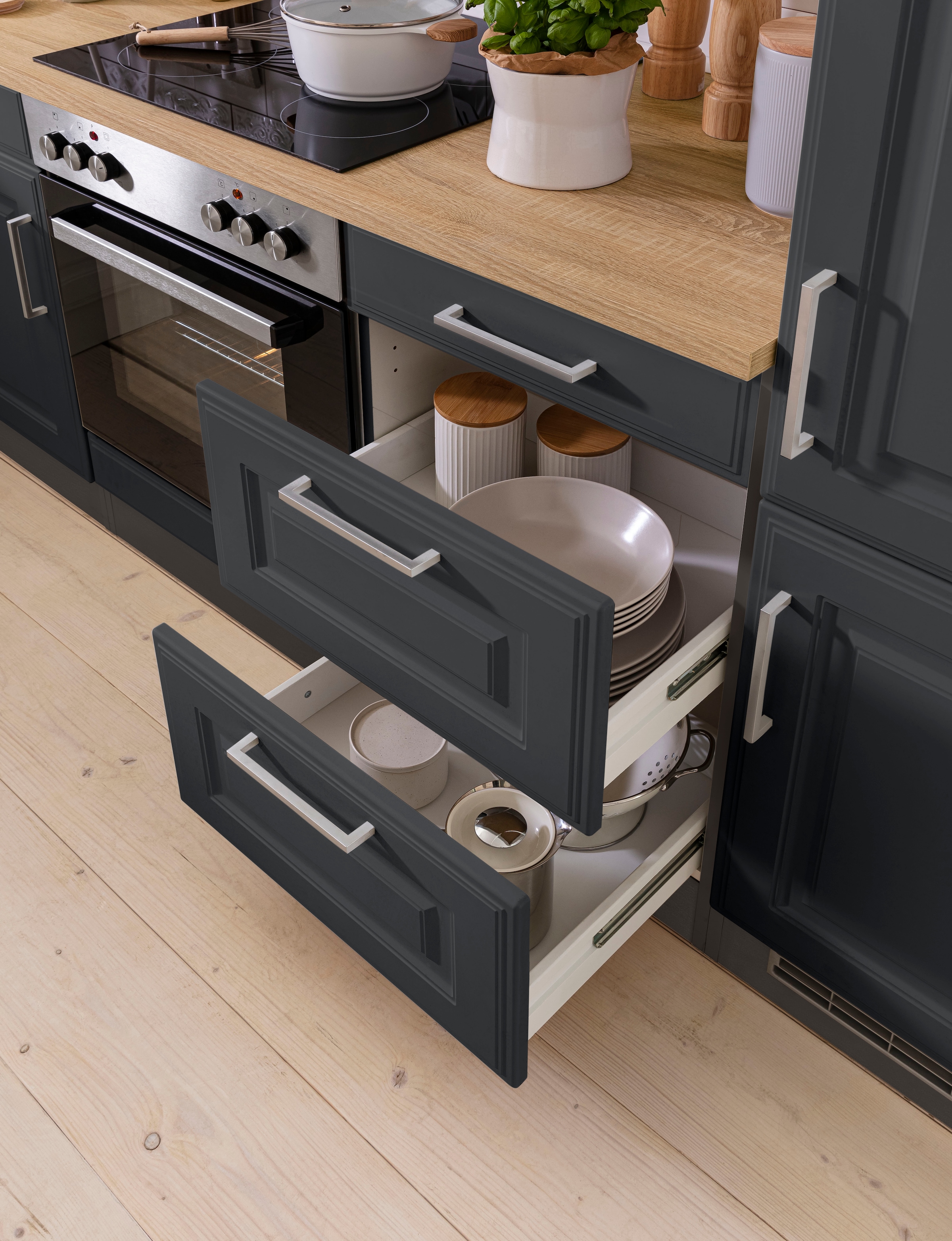 KOCHSTATION Winkelküche »KS-Stockholm« Stellbreite 220/280 cm, mit hochwertigen MDF Fronten im Landhaus-Stil