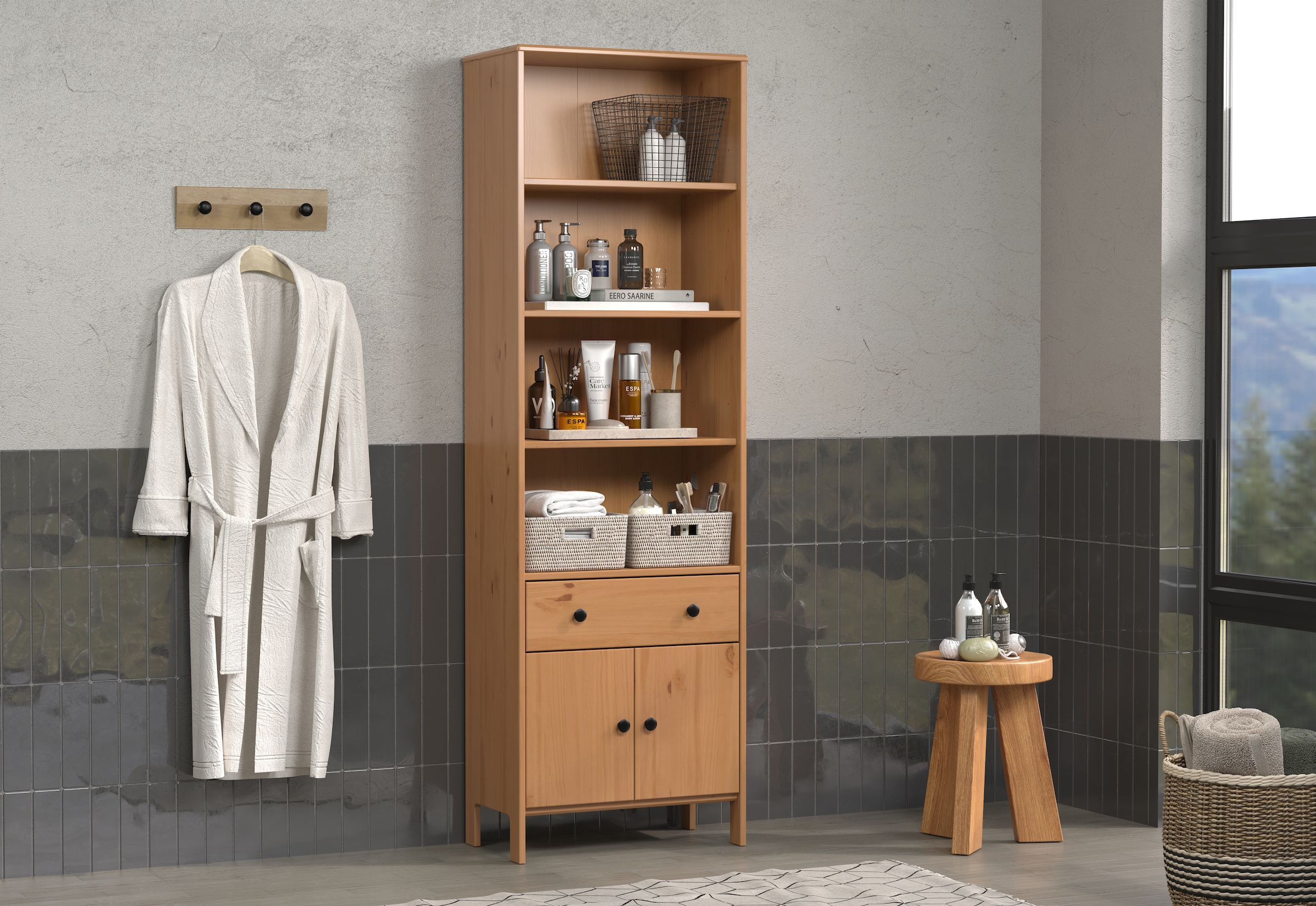 welltime Hochschrank »Kall«, (1 St.), Badezimmerschrank aus Kiefer-Massivholz - Maße (B/T/H) 60/33/188 cm