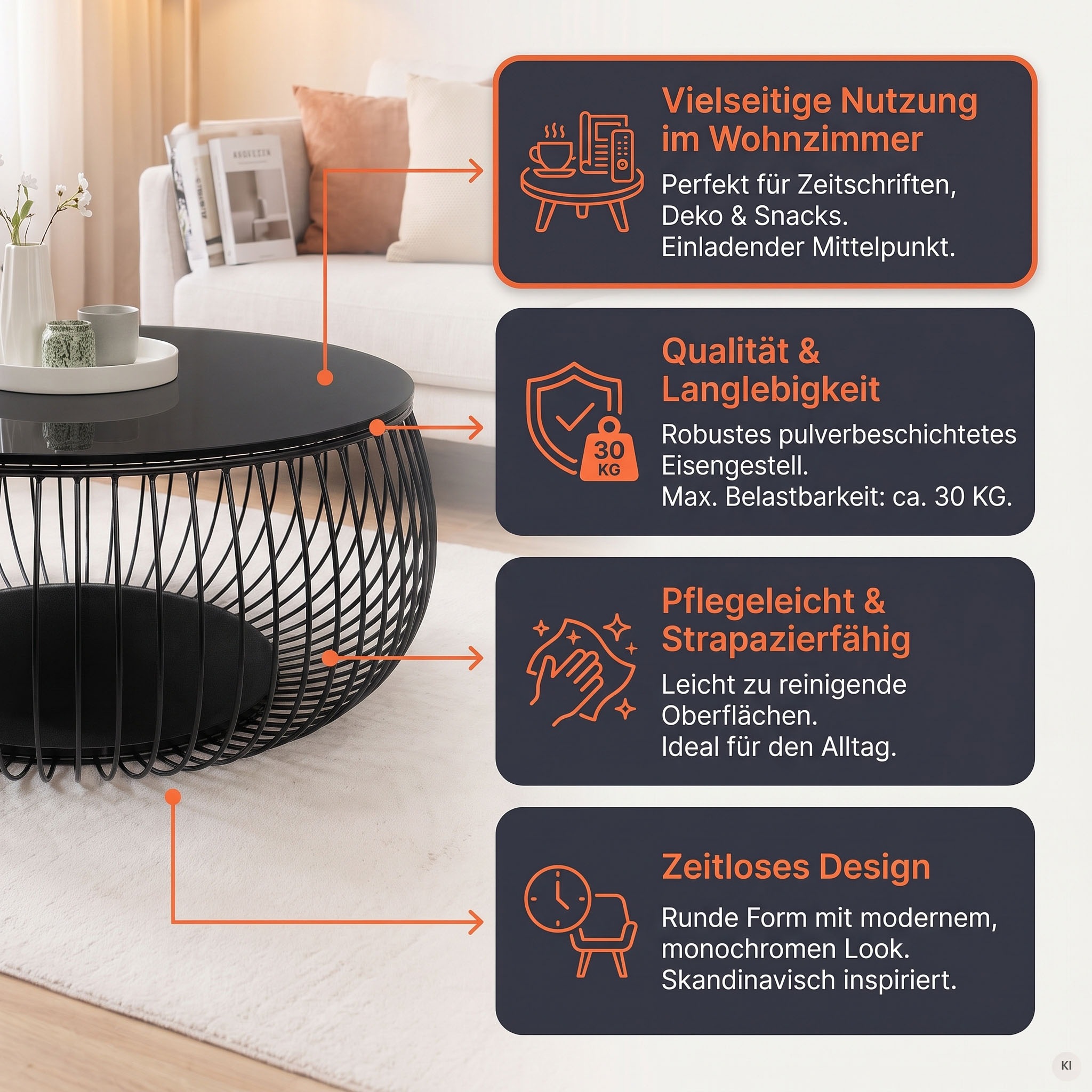 SalesFever Couchtisch »Coffeetable Wohnzimmertisch im minimalistischen Stil« 10 mm starke Klarglasplatte mit Marmordruck