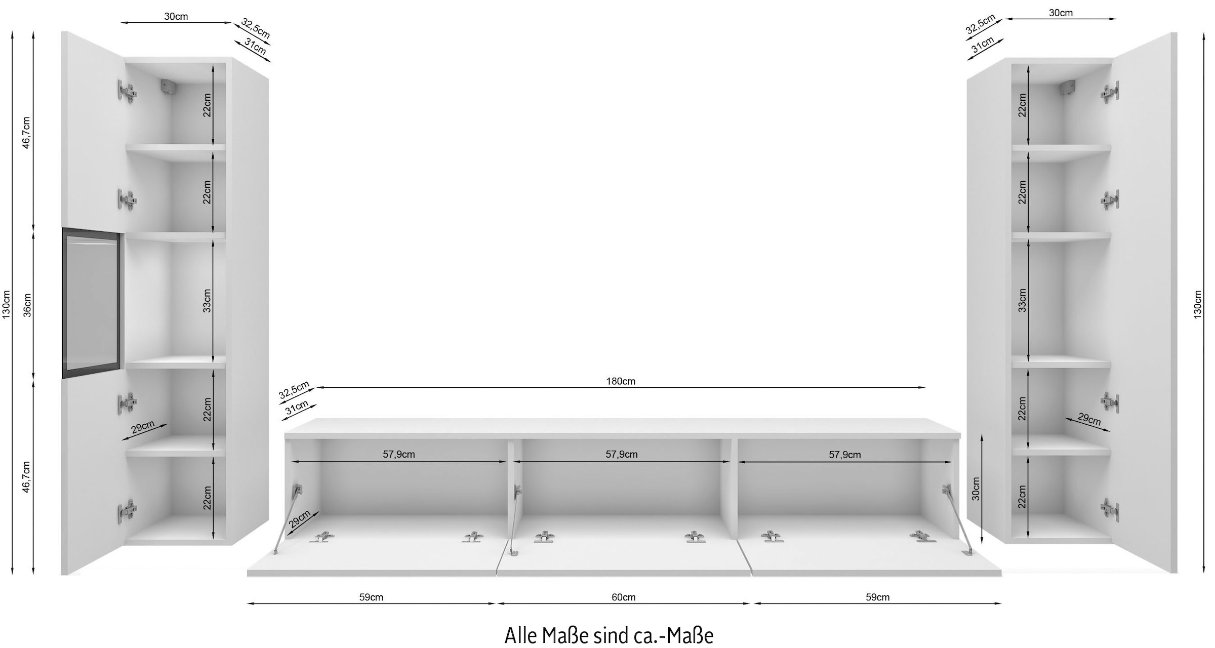 INOSIGN Wohnwand »BERLIN III, Vitrine Türschlag links/rechts wechselbar«, (Komplett-Set, 3 St.), moderne grifflose Mediawand Breite 260 cm, Vitrine mit Verglasung