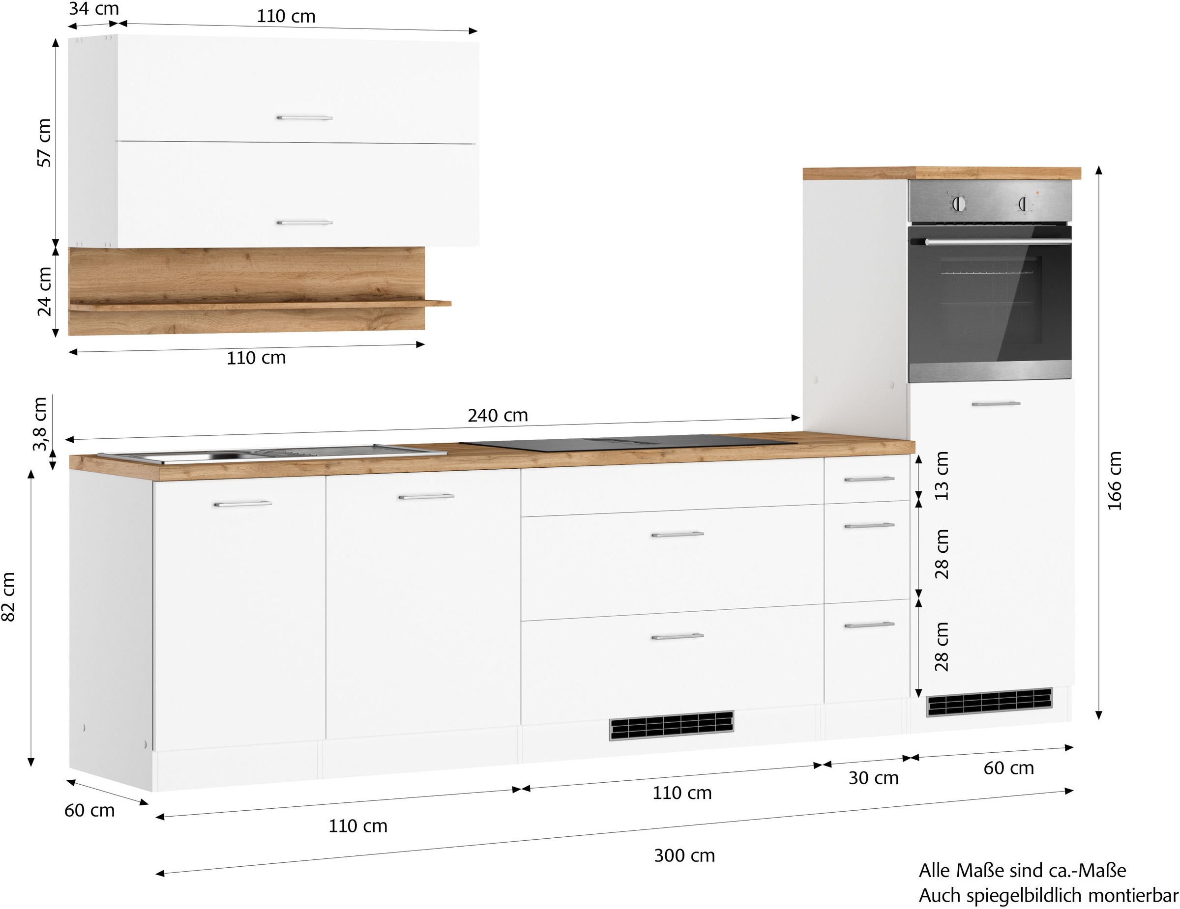 KOCHSTATION Küchenzeile »KS-Milan, optional mit Muldenlüfter« Breite 300 cm, wahlweise mit E-Geräten, Kochfeld mit Dunstabzug