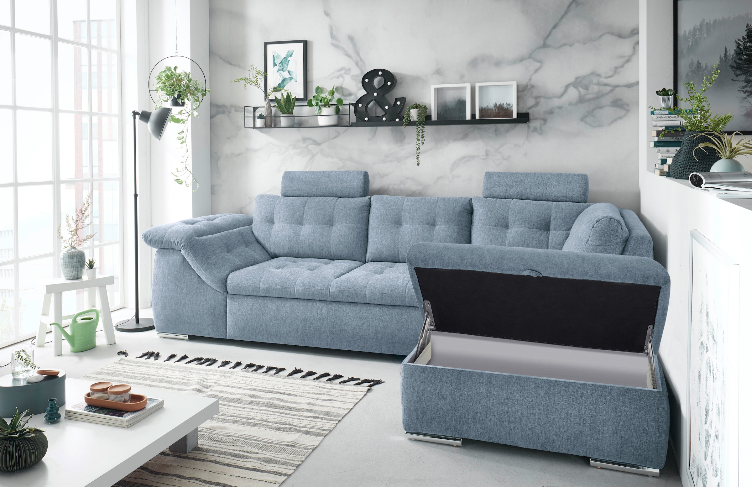 ED EXCITING DESIGN Ecksofa Oman, mit Bettfunktion, Bettkasten, Armteilverstellung und  Kopfstützen