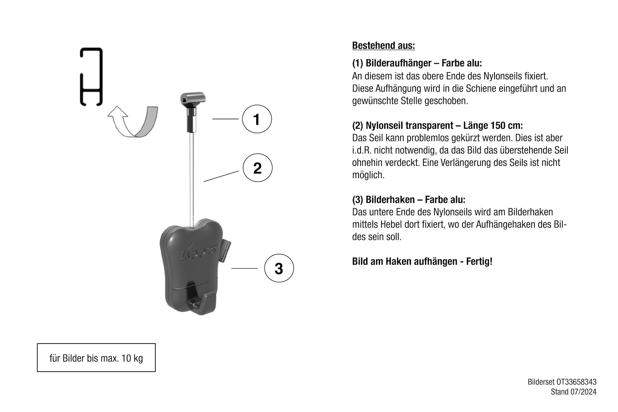 GARESA Bilderrahmen-Set »Bilderaufhängung«, (1 St.), Bilderaufhängung für Bilderschiene 300 - Aluschiene "300"