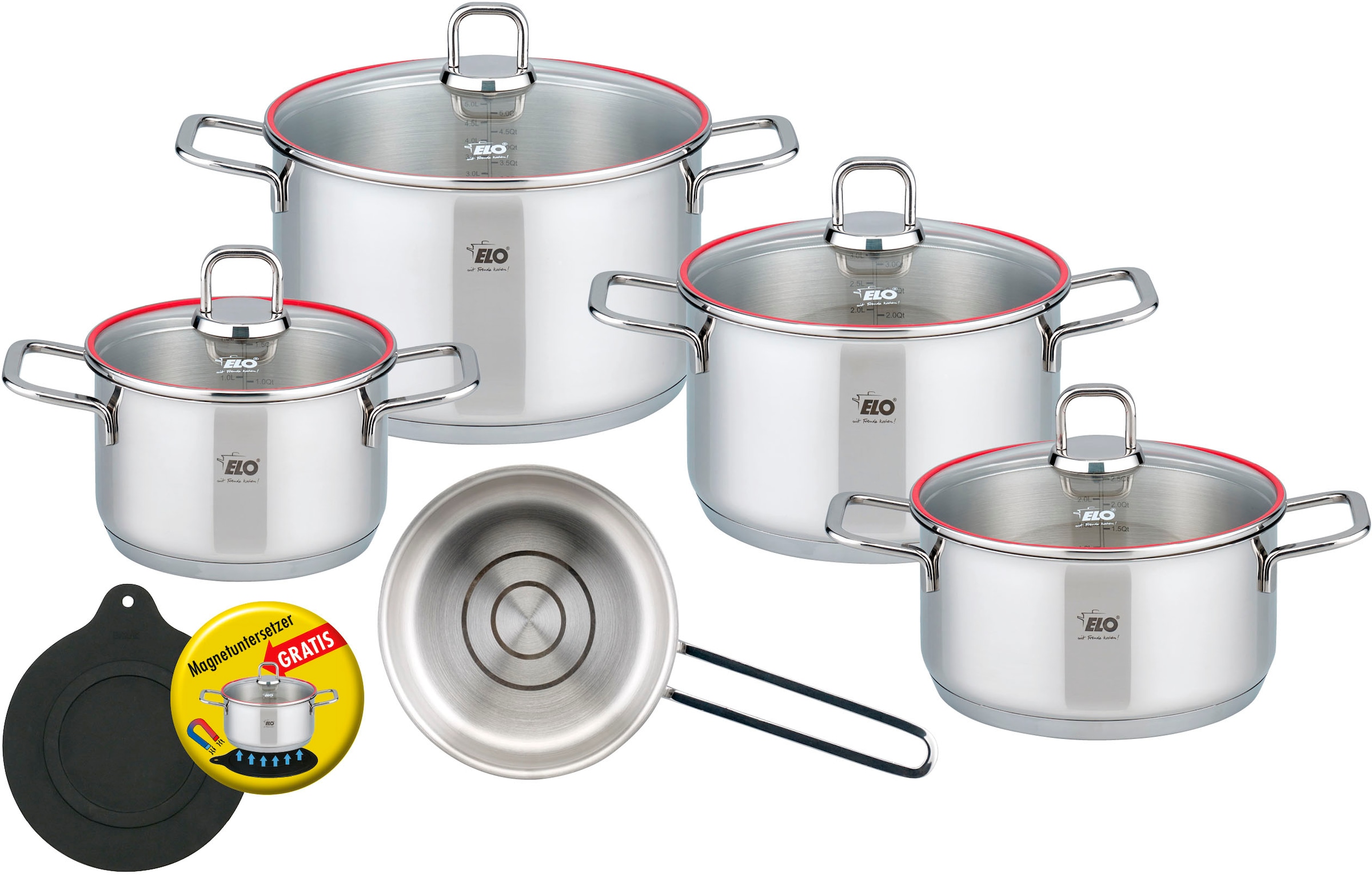 Elo Topf-Set »Excellent« Set, Bratentopf Ø 20 cm, je 1 Fleischtopf Ø 16/20/24 cm, Kasserolle Ø 16 cm, 6 Stk. tlg. Edelstahl 18/10