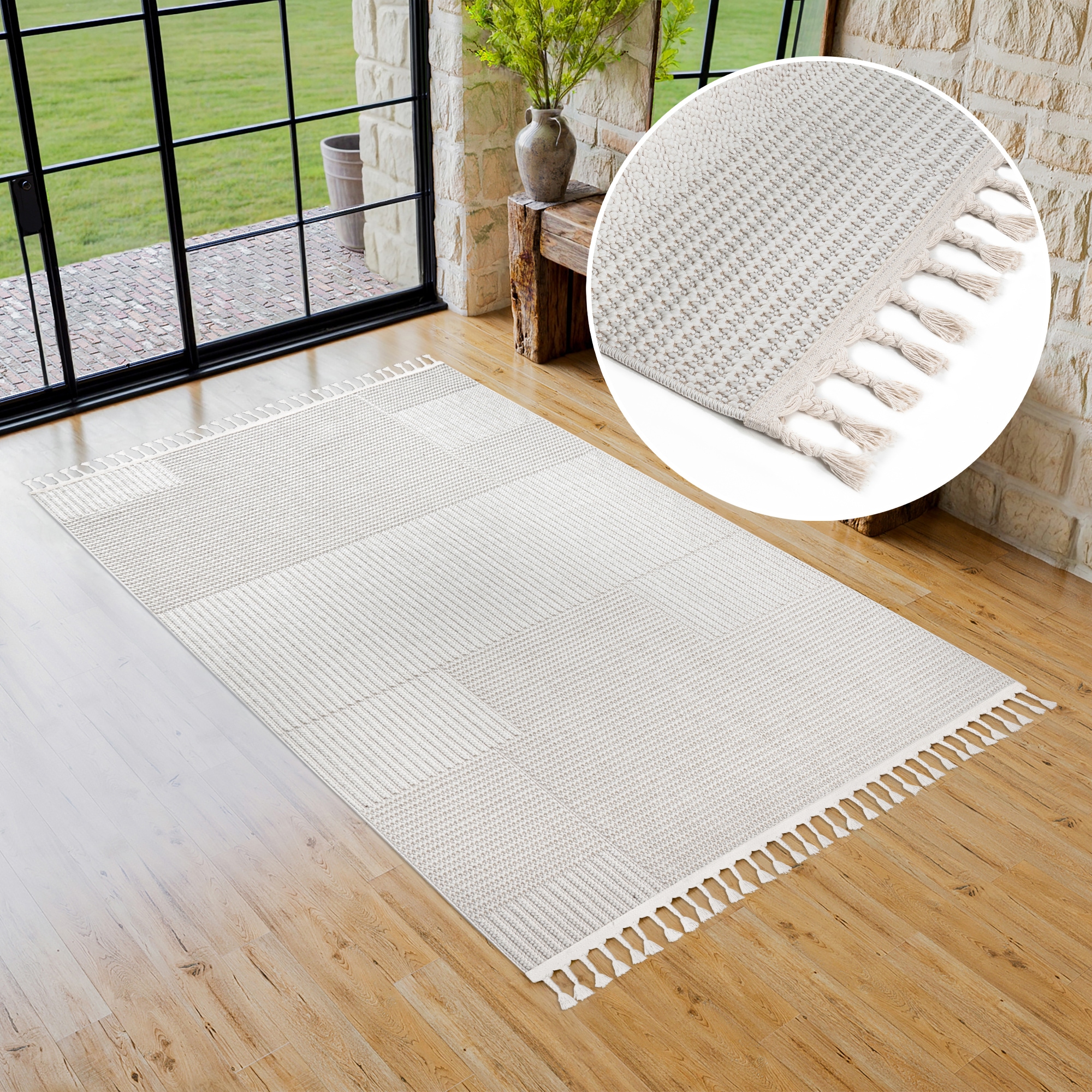 My Home Teppich »Nathan« rechteckig 6 mm Höhe Woll-Optik, Hoch-Tief Struktur, In- und Outdoor geeignet, mit Fransen in beige
