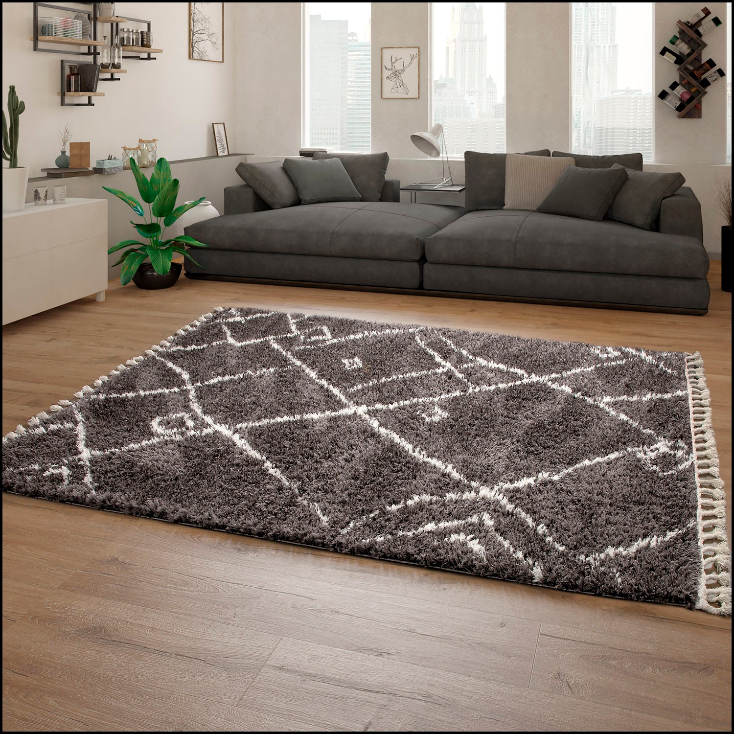 Paco Home Hochflor-Teppich »Orebro 171«, rechteckig, 44 mm Höhe, modernes Rauten Muster, besonders weich & kuschelig, mit Fransen