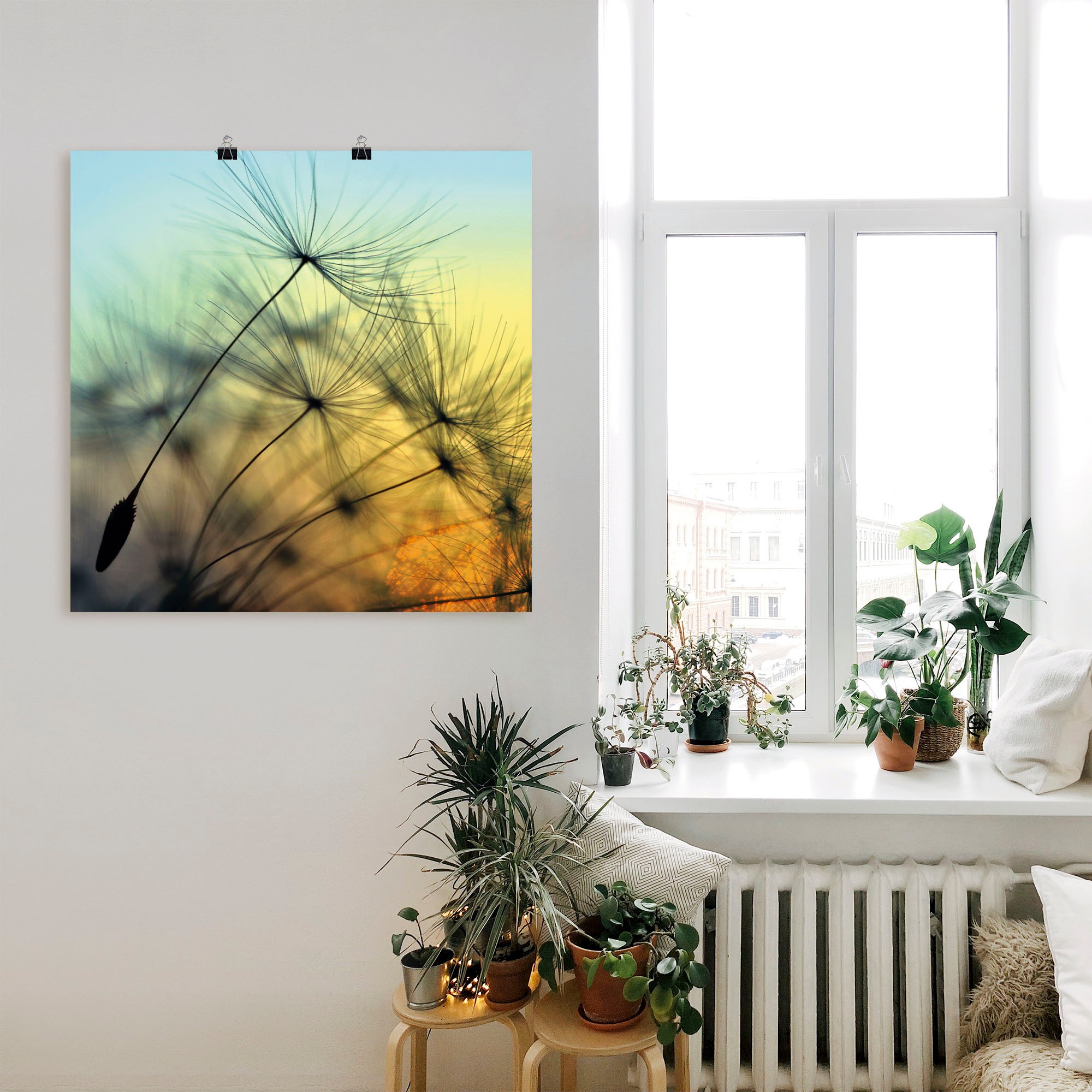 Artland Wandbild »Goldener Sonnenuntergang und Pusteblumen«, Blumen, (1 St.), als Alubild, Outdoorbild, Leinwandbild, Poster, Wandaufkleber