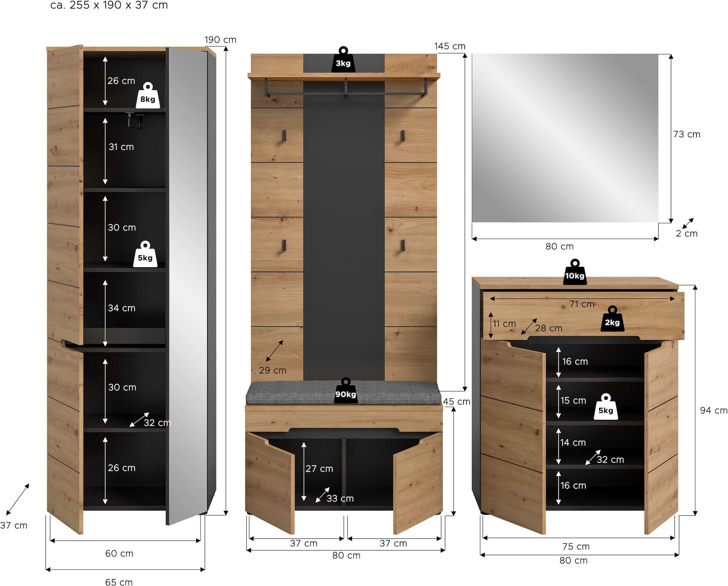 Home affaire Garderoben-Set »REHAT, TOPSELLER!, 5-teilig, Breite 255 cm, individuell erweiterbar« Set, bestehend aus: Schrank, Sitzbank, Sitzkissen, Paneel, Spiegel, Kommode, 6 Stk. tlg.
